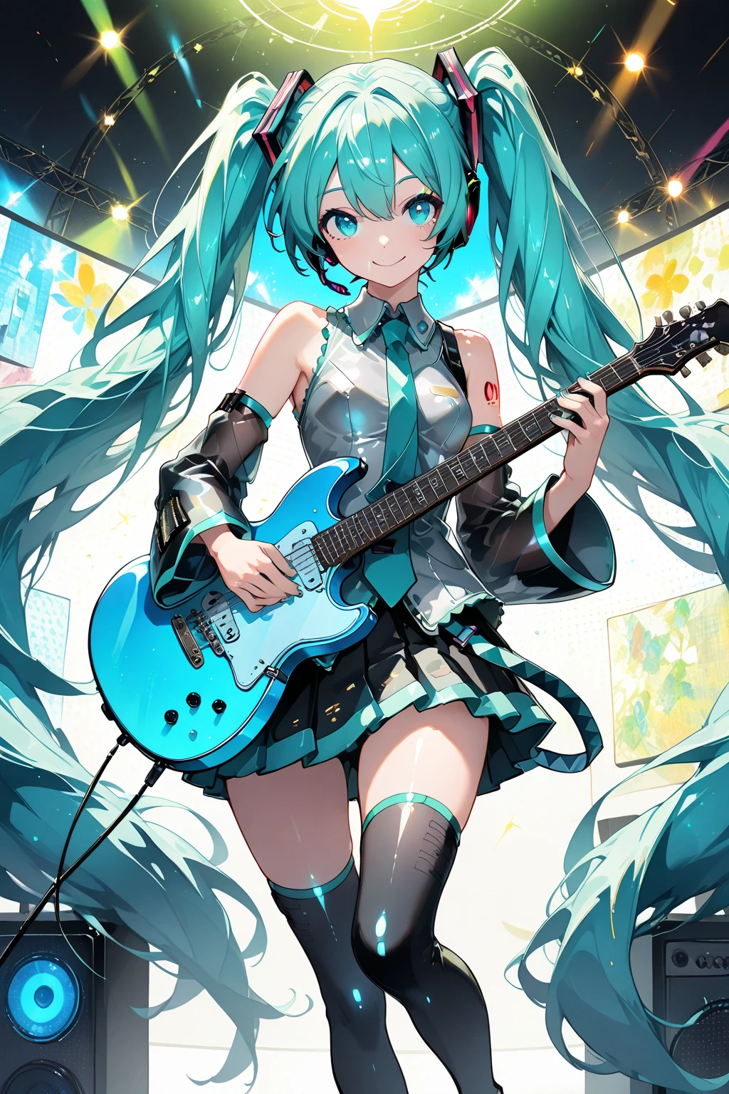 masterpiece, best quality, highres, leomiku, black shirt, stage, standing, cowboy shot,playing the guitar,singing