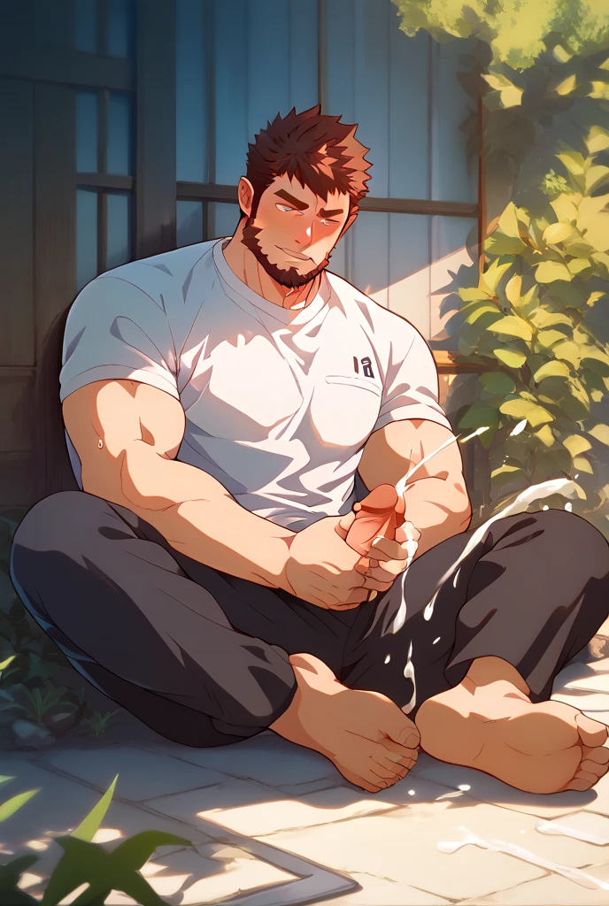 (rain:1.2), (beard fat old male:1), wet, water, outdoors, downpour, (run:1.2), <lora:rain_v6:0.5>, shower, beautiful eyes, muscular, shirt