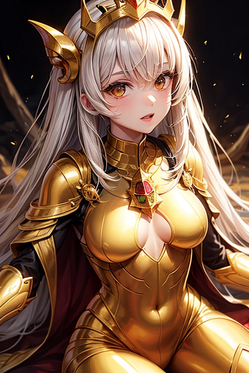 (best quality,4k,8k,highres,masterpiece:1.2),ultra-detailed,realistic:1.37,portrait,gold,woman,armored woman,big-breasted woman,detailed face,beautiful detailed eyes,shiny gold armor,grand machine in the background,mechanical landscape,light reflecting off the armor,sharp focus,vivid colors,heroic pose,glimmering eyes,luxurious golden armor,horned headpiece,fierce expression,highly polished armor,strong and powerful demeanor,striking contrast between the woman and the machine,metallic tones,exquisite attention to facial features,T-posing woman surrounded by the enormous machine,imposing presence,luminous glow emanating from the machine,meticulously crafted details on the armor,gleaming metallic surfaces,subtle hints of machinery incorporated into the armor,graceful yet commanding stance,contrasts of warm and cool tones,impressive level of intricacy in the armor design,strong and confident posture,elaborate engravings on the armor,deep shadows and bright highlights accentuate the contours,long flowing hair,immersive lighting,attention to fine lines and texture,HDR lighting,industrial aesthetic,dynamic composition,otherworldly atmosphere,intense and captivating gaze,spectacular blend of femininity and strength.
