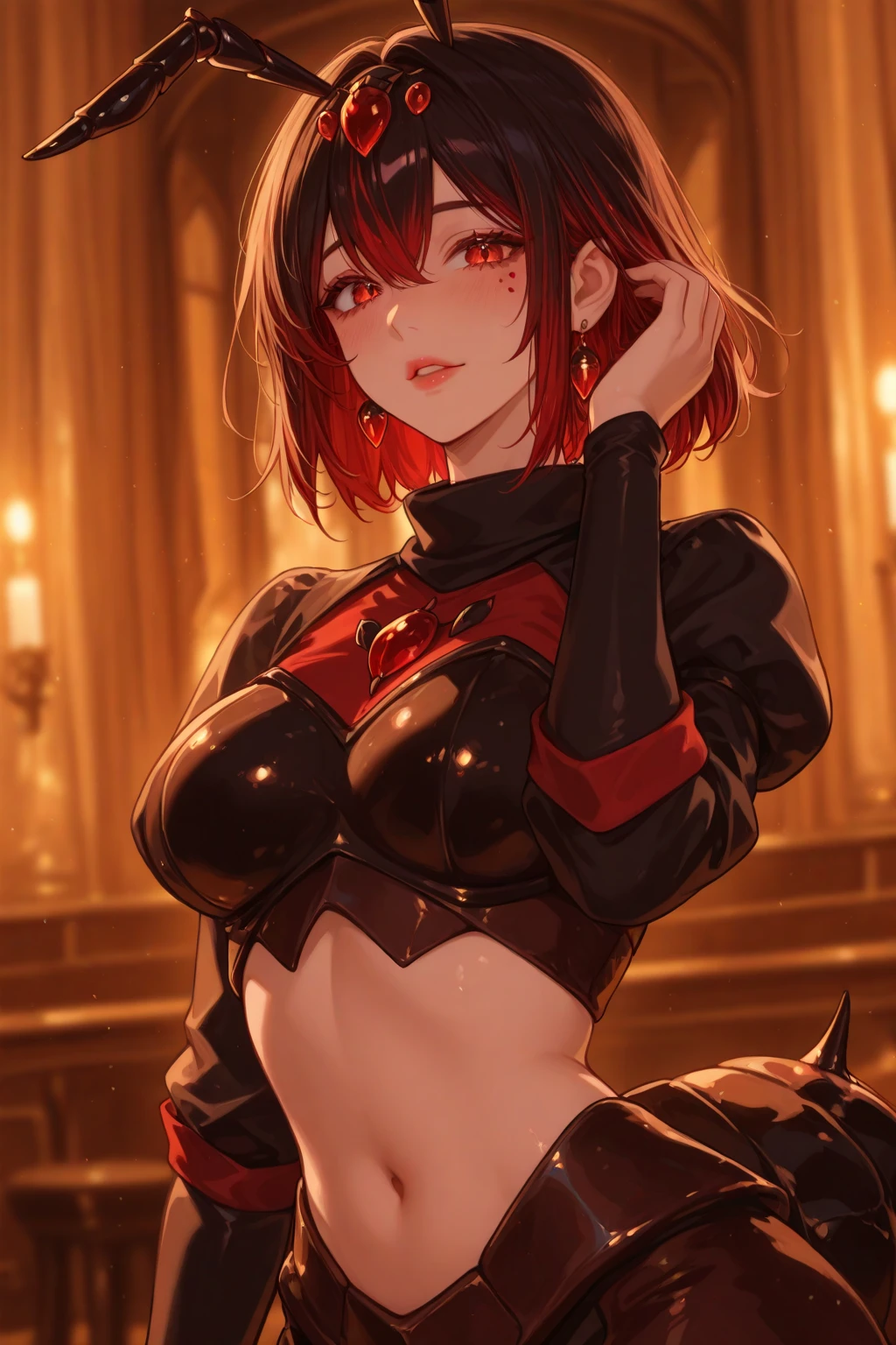 (masterpiece), (best quality), (ultra-detailed), (extremely detailed cg), (a extremely delicate), (perfect lighting), (8k), female, masterpiece, best quality, depth of field, cinematic lighting, masterpiece, best quality, ultra-detailed, mature female, solo, (masterpiece, best quality, high resolution, animescreencap), anime colored, perfect ???????, beautiful detailed eyes, 1girl, medium breasts, (sweaty body) , (wet skin) ,very wet skin, crazy expression, blushing, red hair, ponytail hairstyle, choker, red eyes, black  short skirt, (black stockings), (heart-shaped pupils), black  bra, sweaty, ((short gloves)), obsessed face, dark basement, standing, black gloves, crazy eyes, latex gloves