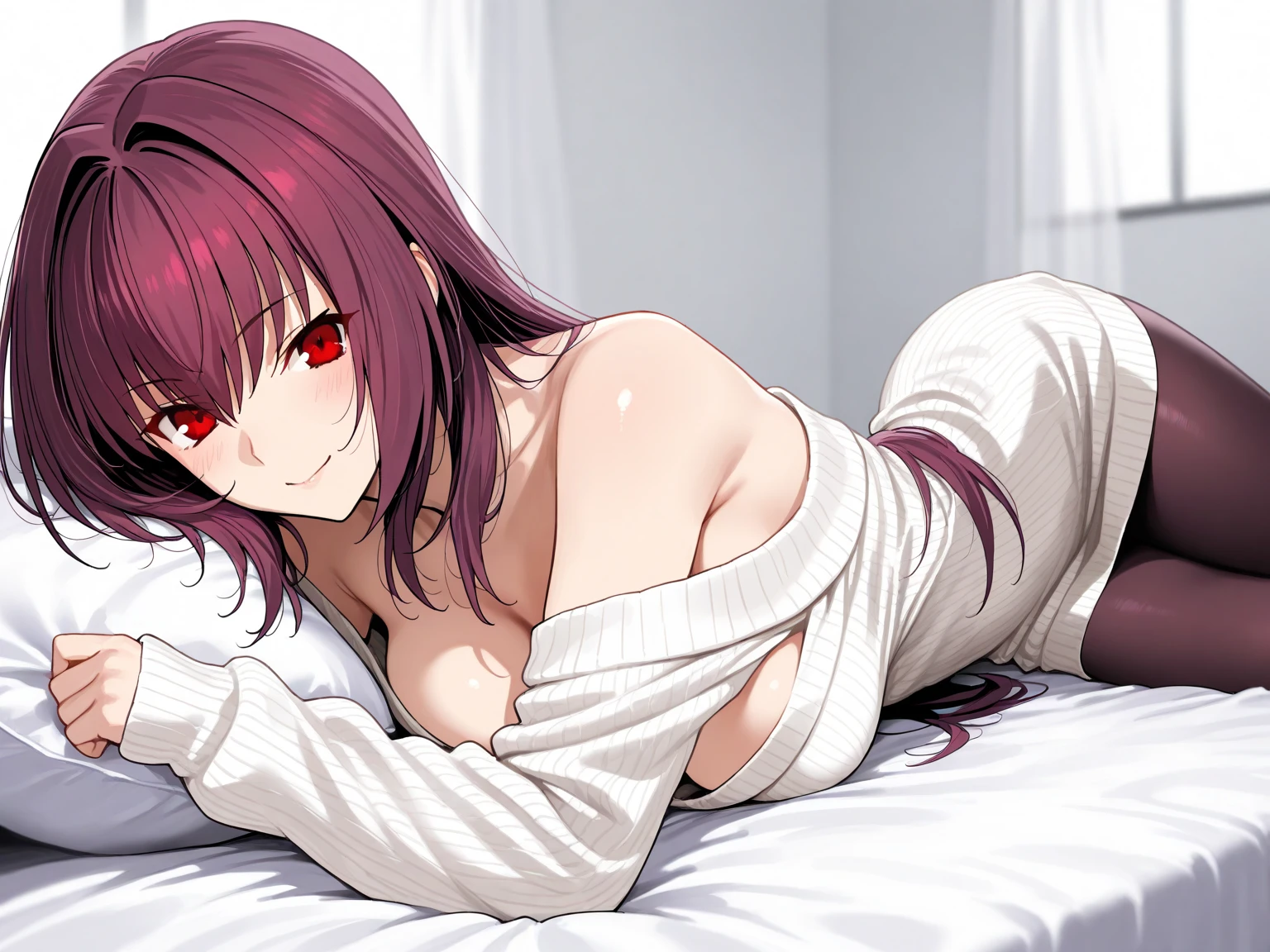 Masterpiece, Best Quality, High Resolution, Ultra High Resolution, Depth Of Field,1girl, red eyes, red hair, ((bob hair)), nsfw, (yukata), (lying, on back), (spread legs), small breasts, Cleavage, Exposed skin, on bed
