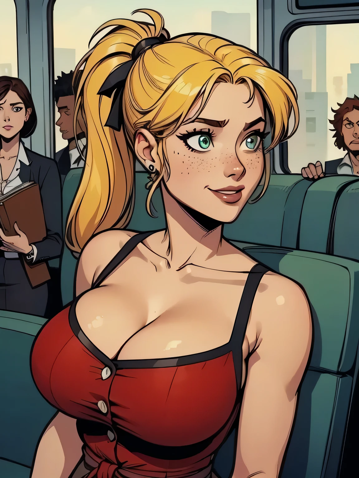 Blonde bombshell woman in Playboy bunny outfit on pink tram, surrounded by very very angry men