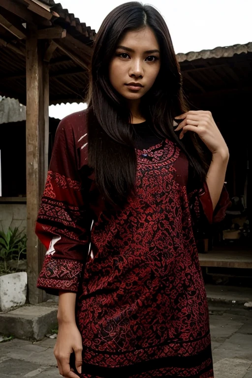 (Red Dark Hijab) Luna Maya Indonesian Actress 55-Years-Old, (lace TANK top at river)