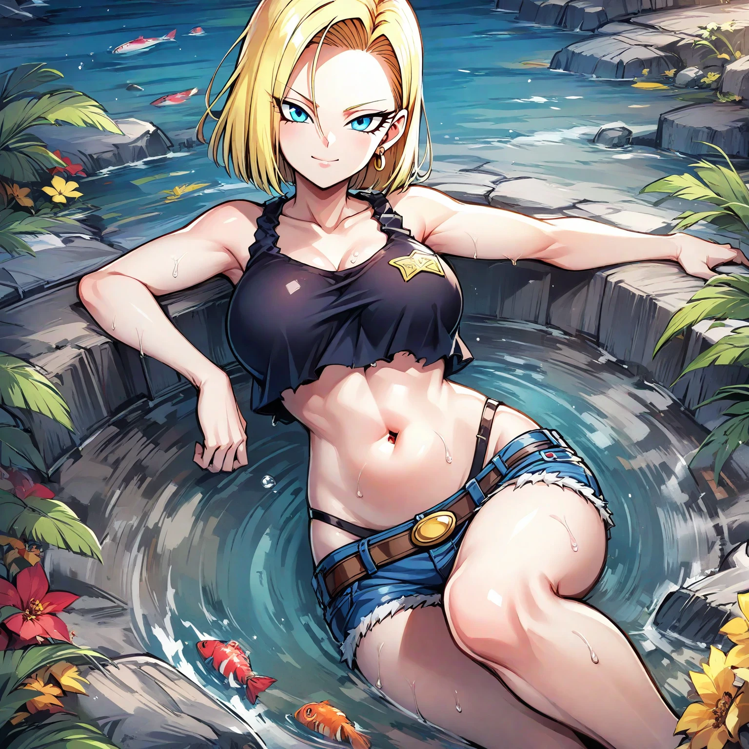 Android 18,Browsing Caution, 1 person,highest quality, Best image quality, masterpiece, Very detailed, shape, Pool, One piece swimsuit, girl, short hair, Black Hair, Slime nest, Slime (substance), Imprisonment, Suppressed, bondage, big Slime, Tentacles, Transparent body, Grabbing her breasts,