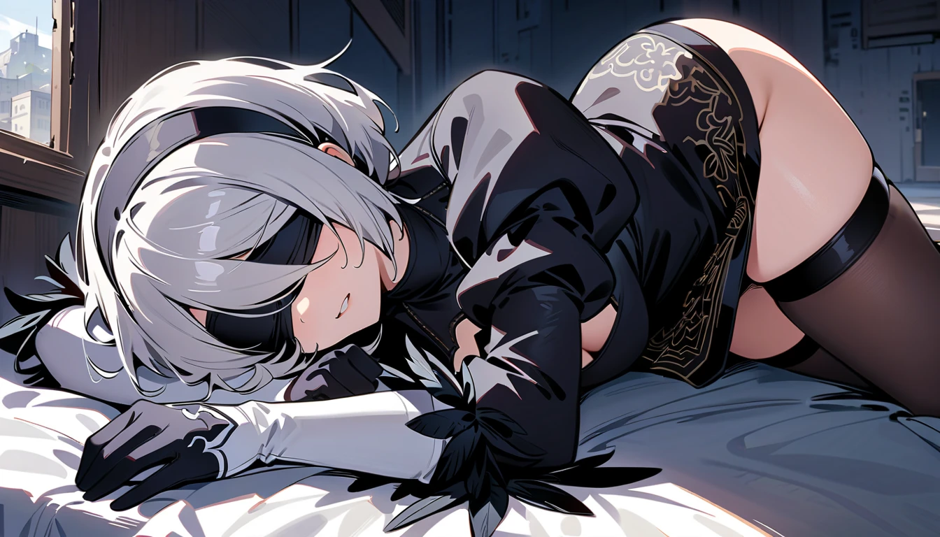 ((ultra high quality))19 year old girl with long white hair and purple eyes has big breasts,Sexy body, eats penis, releases semen, ahegao, detailing face,lying in bed, spread his legs 