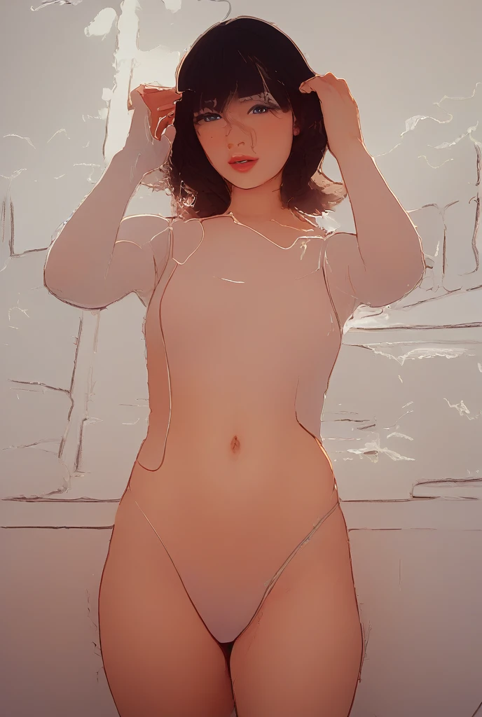 a girl lying on a bed, beautiful detailed eyes, beautiful detailed lips, extremely detailed face, long eyelashes, Nude, small breasts, erect nipples, pale skin, (best quality, 4K, 8K, highres, masterpiece:1.2), ultra-detailed, (realistic, photorealistic, photo-realistic:1.37), soft lighting, bedroom interior, minimalist aesthetic, warm color palette((Open your legs))((Glasses、Short Hair))