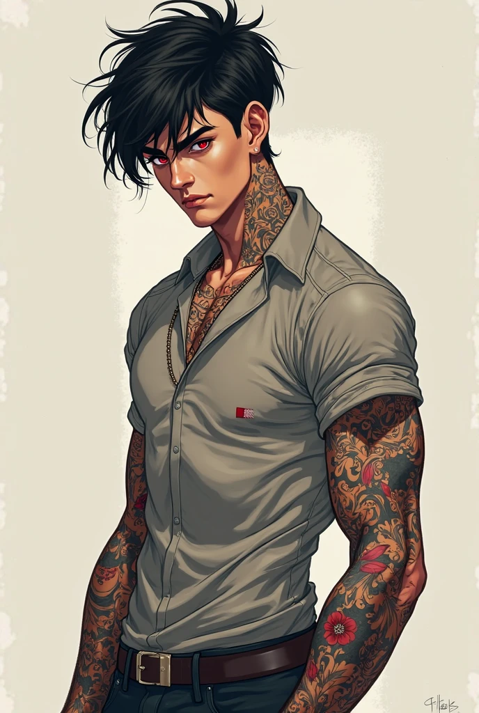 create a hot anime guy in a manhwa art style who has tattoos