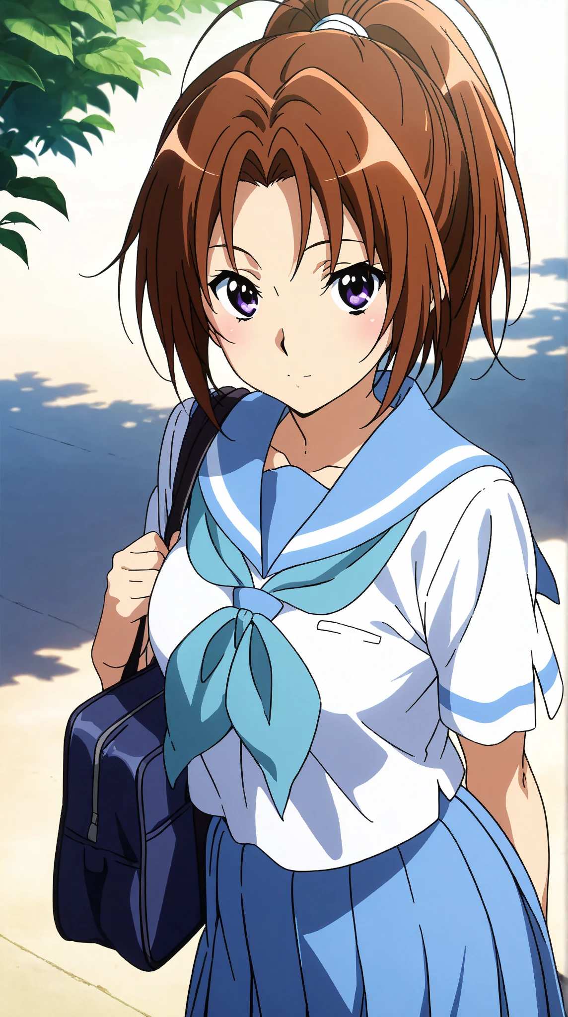 <lora:SaeHinataXL001>,<lora:bold-16oa:-0.5>,
masterpiece,best quality,ultra-detailed,8K,best illustration,very aesthetic,absurdres,anime screencap,official art,
blush,smile,
solo,
SaeHinata,1girl,brown hair,medium hair,blue eyes,dark-skinned female,
outdoors,
cowboy shot,
serafuku,