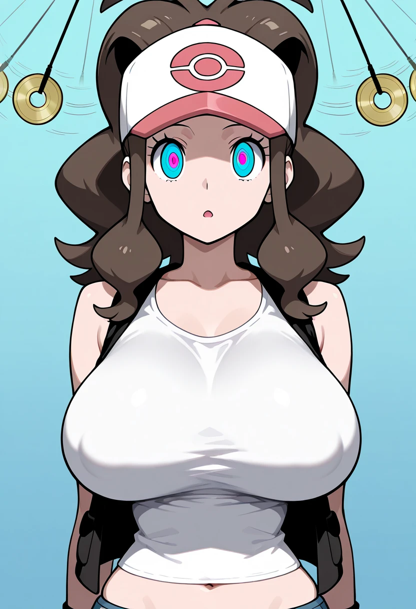 masterpiece, best quality, hilda pokemon, brown hair, ponytail, baseball cap, cleavage, white croptop, denim shorts, upper body, confident smile, looking at viewer, indoor background, one hand on hip, bursting breasts, ((breast expansion)), bereaction,