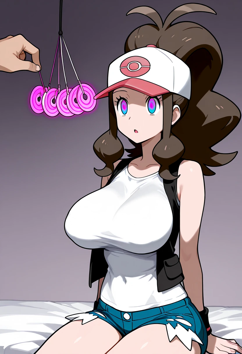 masterpiece, best quality, highres, illustration, highly detailed, hair bun, blue eyes, twintails, visor cap, 1girl, solo, Rosa(Pokemon), large breasts, breasts out, beautiful detailed eyes, cleavage, snake, (coiled), snake scales detailed, restrained, scared face, crying