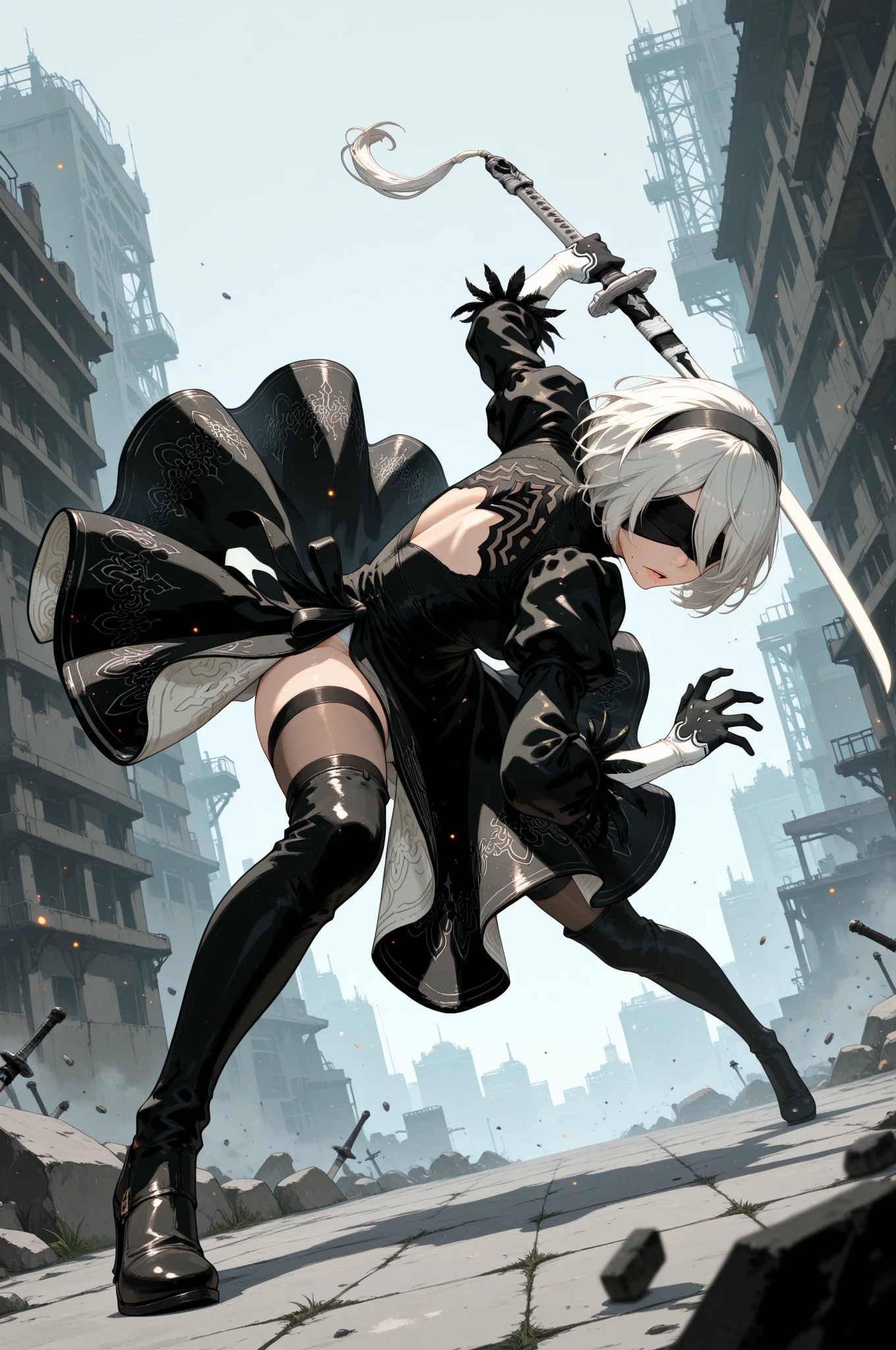 1girl, solo, 2b, nier automata, parted lips, mole under mouth, blindfold, black dress, lace-trimmed dress, holding sword, white sword, full body, battle stance, moody, depth of field, action shot, dutch angle, dynamic pose, dynamic composition, masterpiece, best quality, high quality, amazing quality, absurdres, newest