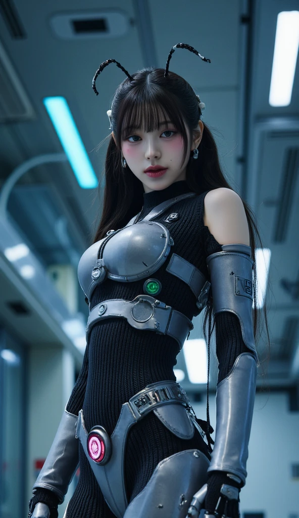 Digital Cyberpunk Art 32k,Complex,Very detailed,Long black hair、Wearing Cyberpunk Light Blue Samurai Armor、Japanese women、Medium chest、In front of countless monitors