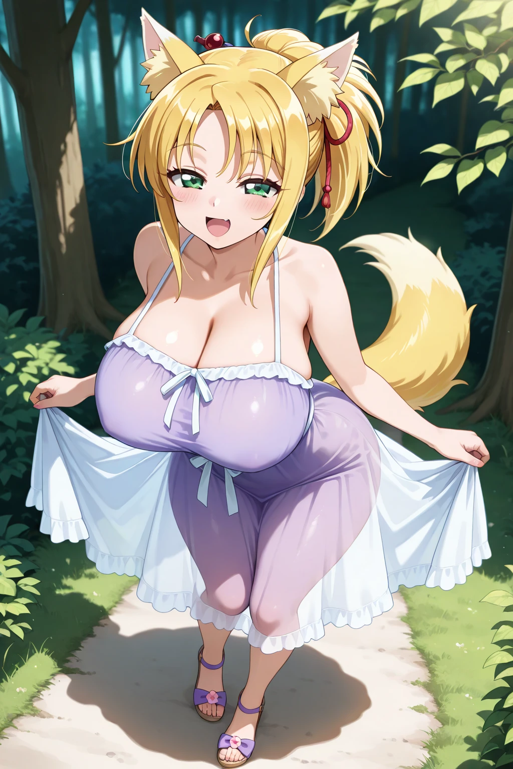 (masterpiece, best quality), best quality, (ultra-detailed), (3heads:1.5), 1girl, (yakumo ran:1.3), masterpiece, best quality, ultra quality, ultra resolution, ultra detail, blue top, crop top, ((stomach)), midriff, ((groin)), blue skirt, normal ears, shackles, blonde hair, very long hair, wavy hair, sidelocks, yellow eyes, detailed eyes, parted lips, single horn, sweat, cute, toned belly, hand on own chest, eyelashes, (25 year old woman:1.3), (masterpiece:1.5), (best quality:1.5), (beautiful detailed extremely detailed CG, extremely delicate and beautiful, depth of field, (finely detailed face), (perfect details:1.2), (mature female:1.3), wide pelvis, slender, large veiny breast, 16k resolution, highres, high quality, high definition, extremely detailed, masterpiece, blonde hair, long hair, alluring presence, braid, short skirt, close up, big tits, young, bob cut, fox ears, fox girl, fox tail, multiple tails, frilled hat, hat, girl with three heads,