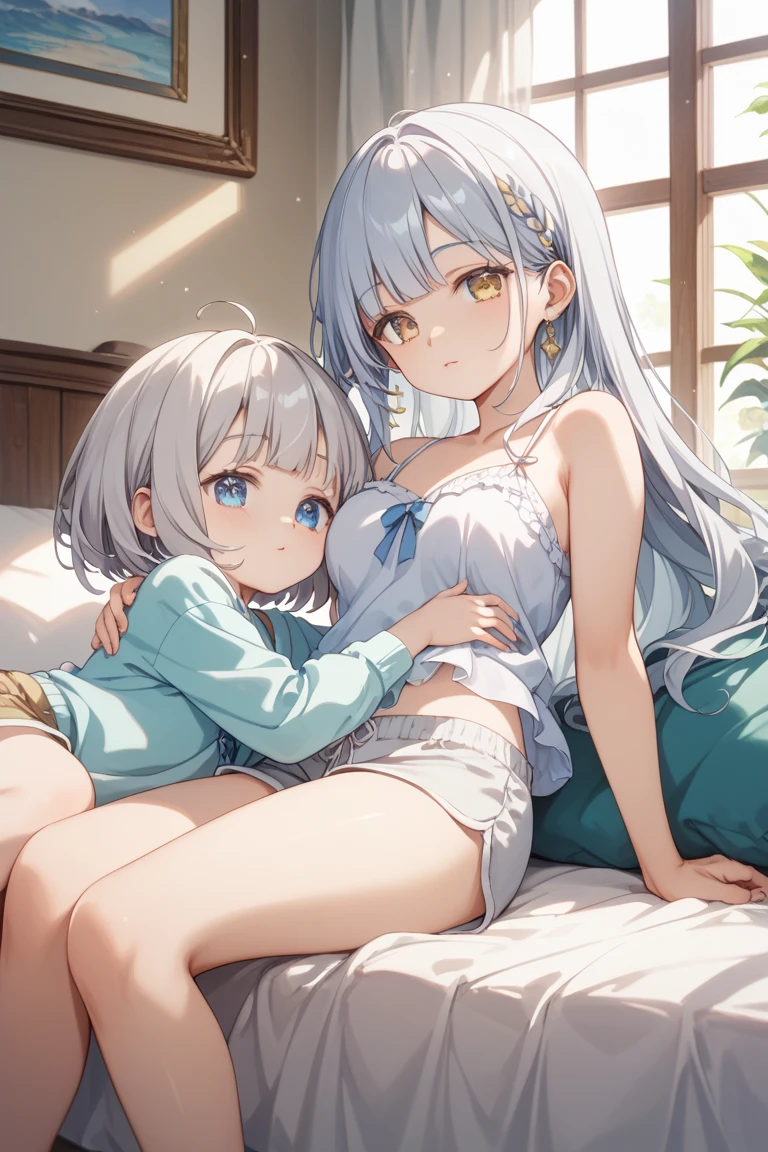 (superflat, flat shading, flat colors:1.1), masterpiece, best quality, (bedroom), mother and daughter, loli, petite, white bra, white panties, , blush, posing, on bed, bright, white, backlit, best shadows, watercolor,