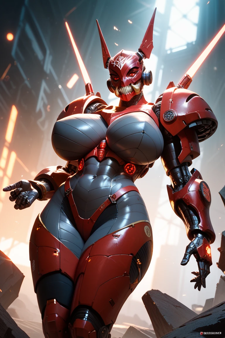 (((Close-up))), tall, (red hair), beautiful muscular asian cybernetic female ninja, (long hair), black lipstick, pale white skinned, closed smile, large breast, (massive muscles), (hyper muscle), (((ginormous bulky muscles))), yellow eyes, (ninja mask), ((red cybernetic ninja armor suit)), (red cape), ((red cybernetic ninja armor pants)), choker, cybernetic boots, ((holding a massive fire sword)), (in front of a burning castle),