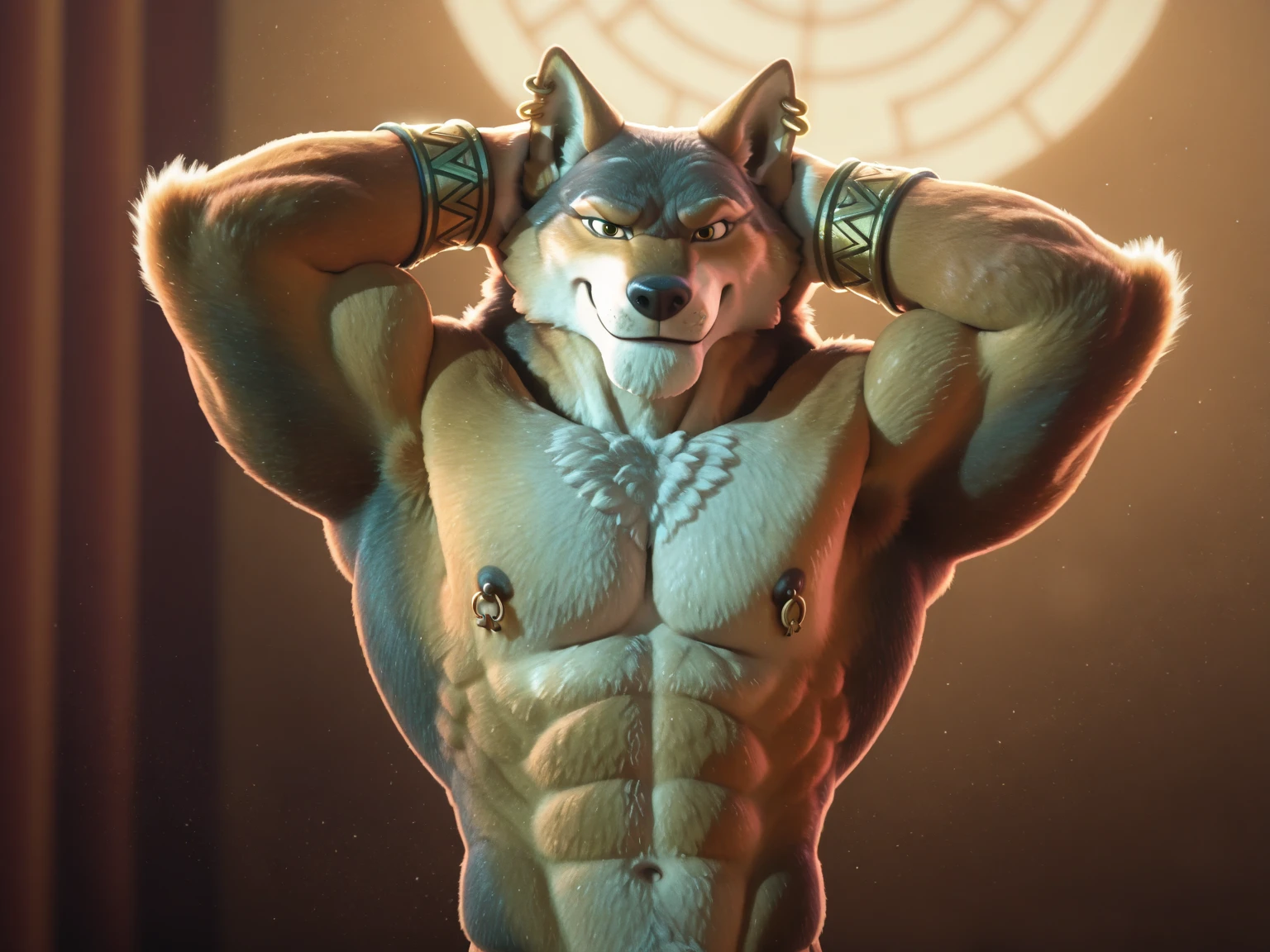 Hyena man with muscles, releasing a little bit of pre and has a seductive look towards the front