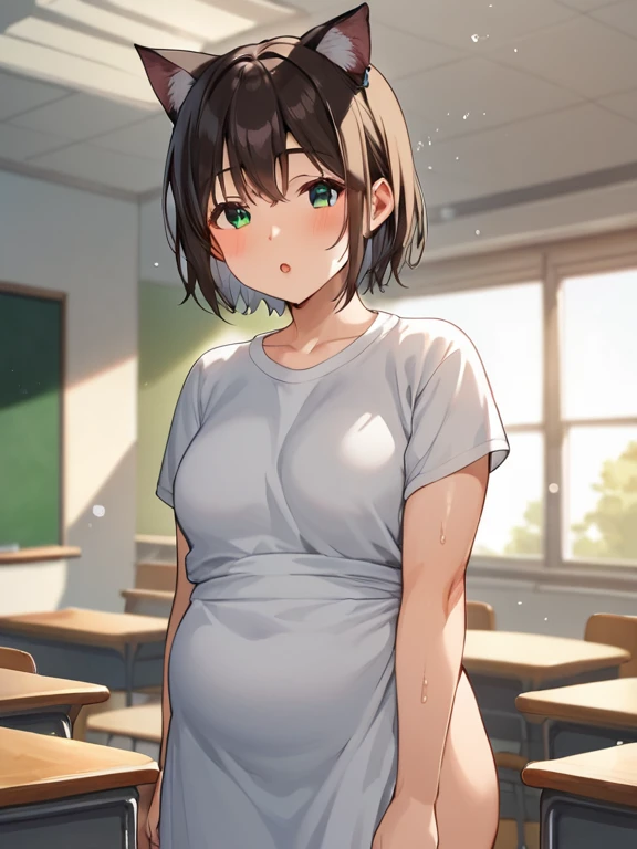 nsfw,One Woman、10 years old、Primary school students、Completely naked、(Beautiful nipples)、((Small Breasts)),Highest quality、Very delicate and beautiful、((Very short bangs))、((Bangs))、Light shiny brown hair、The hair is light、((Short Bob))、Cute face、Young face、Cute like an idol、Yellow Eyes、Are thin、Slim figure、Short、(Child body type)、((Lots of sweat))、Embarrassed face、Open Mouth、Troubled face、Red face、(School classroom)、Photographed from the front、Low - Angle、ceiling、Showing off your crotch、