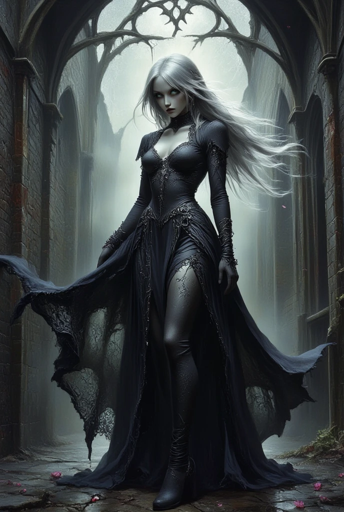 (unparalleled masterpiece:1.2, best quality),
ultra detailed, high quality, intrincate details,
high detailed skin, ((full body)), young woman, dress, sagging breasts, huge breasts, serious, long straight hair, white hair, (large breasts:1.1), slim waist, ominous, ethereal, dramatic composition
<lyco:GoodHands-beta2:1.75>
<lora:polyhedron_skinny_all:0.20>