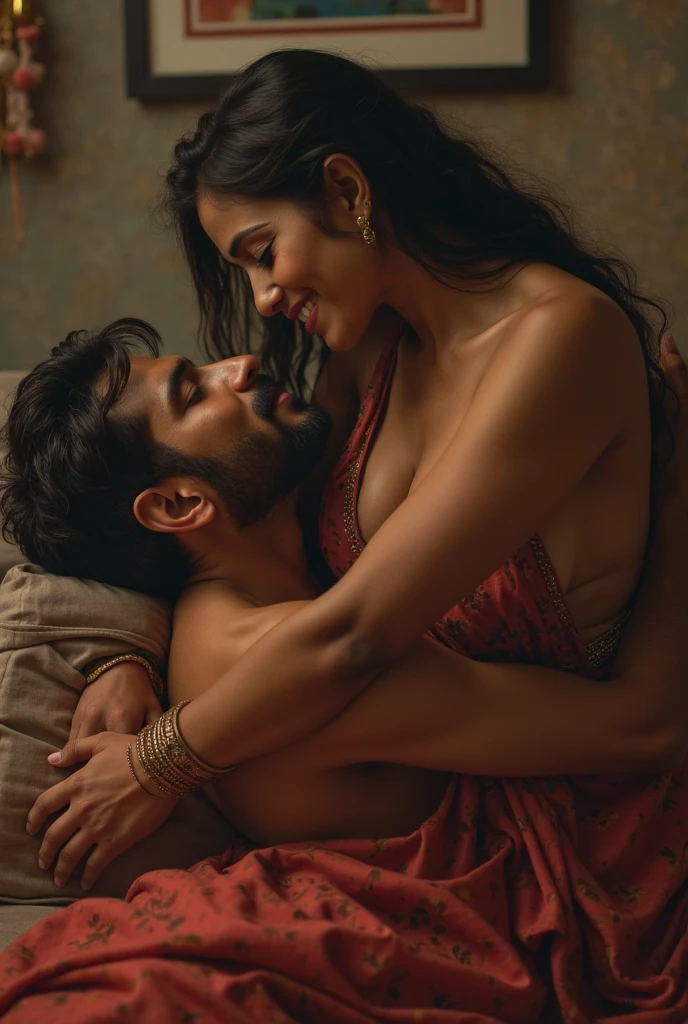 German woman, curvy hourglass body, wearing sarong, muscular hindu pandit, kissing on bed