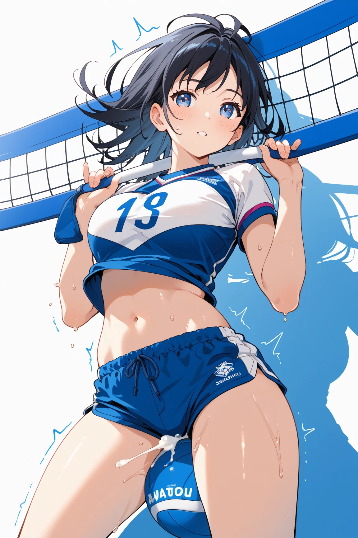 (Sweat, White skin:1.5、Light gray sports bra, ), cameltoe, Fitness, , ((Beach volleyball swimsuit)),Big Breasts, Sturdy body、lie down, ((Big Eyes in Anime))