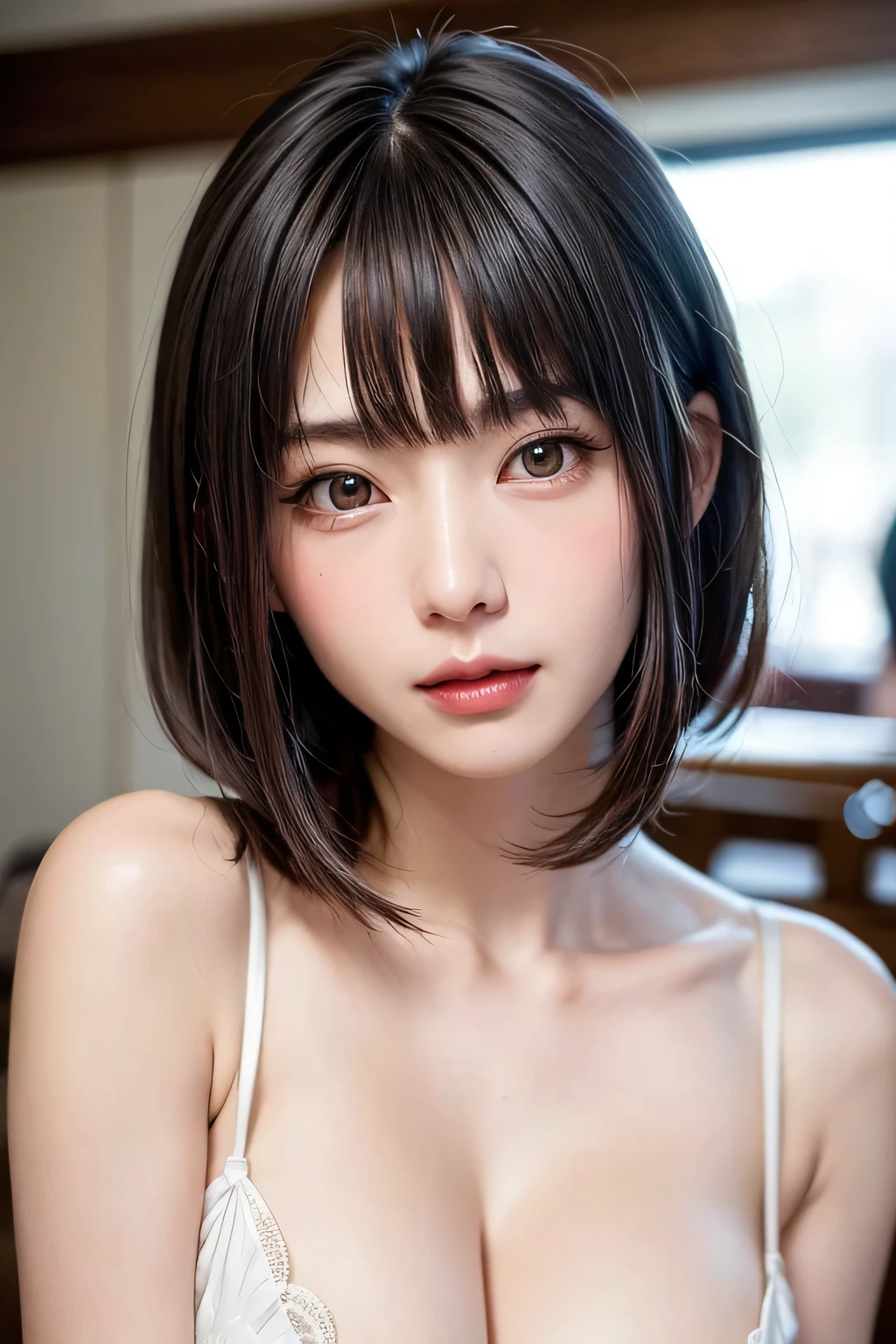 zydG, 1girl, detailed skin, looking at viewer, brown eyes, (short hair with bangs:1.2), (medium breasts:1.0), (medium areolae:0.8),
(photorealistic:1.4), (best quality:1.0), (ultra highres:1.0), 8k, RAW photo, (masterpiece:0.2), (pureerosface_v1:0.5)