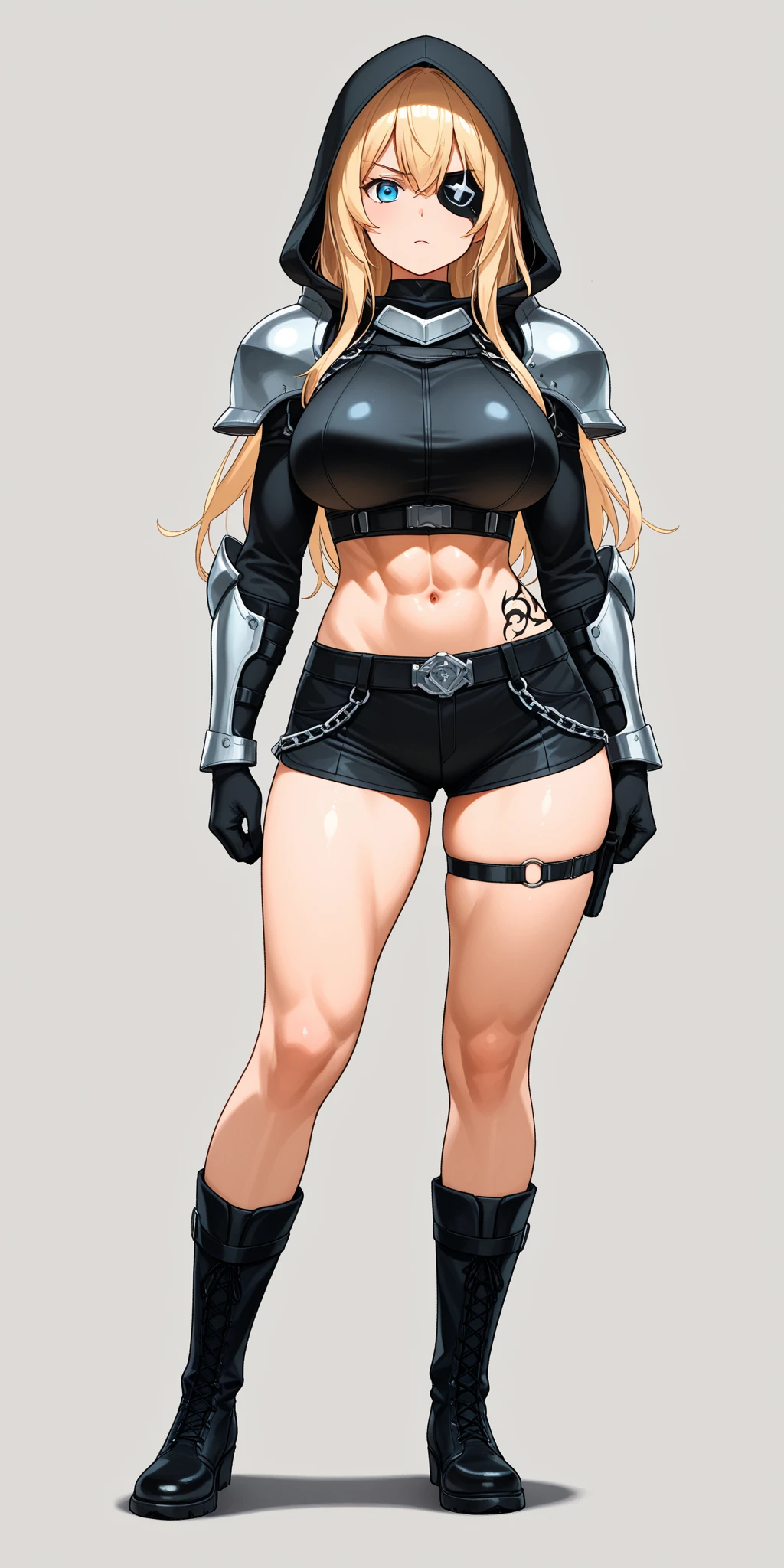 a ninja, handsome face, serious face, long blonde hair, green eyes, perfect body, fit body, abdomen, large breasts, muscular, wearing a ninja outfit, black cape, black hood, Character A2 Nier automata