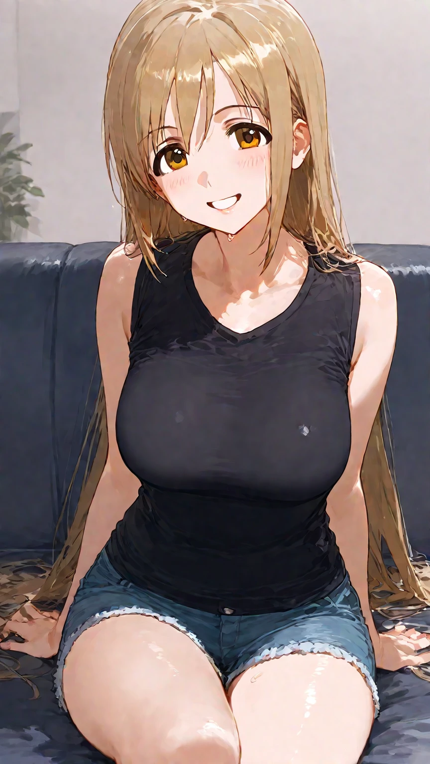 masterpiece, (Highest quality), 1 Female,One girl , Hanjia, Long Hair, Blonde, Brown eyes, shirt, Short sleeve, Shorts, Japanese , Sexy Woman, Adult, smile, Vibrant colors ,,Natural light ,RTTX 10.0, , beautiful, (Detailed face:1.2), Showcase, (Perfect Eyes:1.1) ,(Realistic:1.1), 8K Ultra HD, View your viewers, Outdoor, Simple Background、Huge breasts