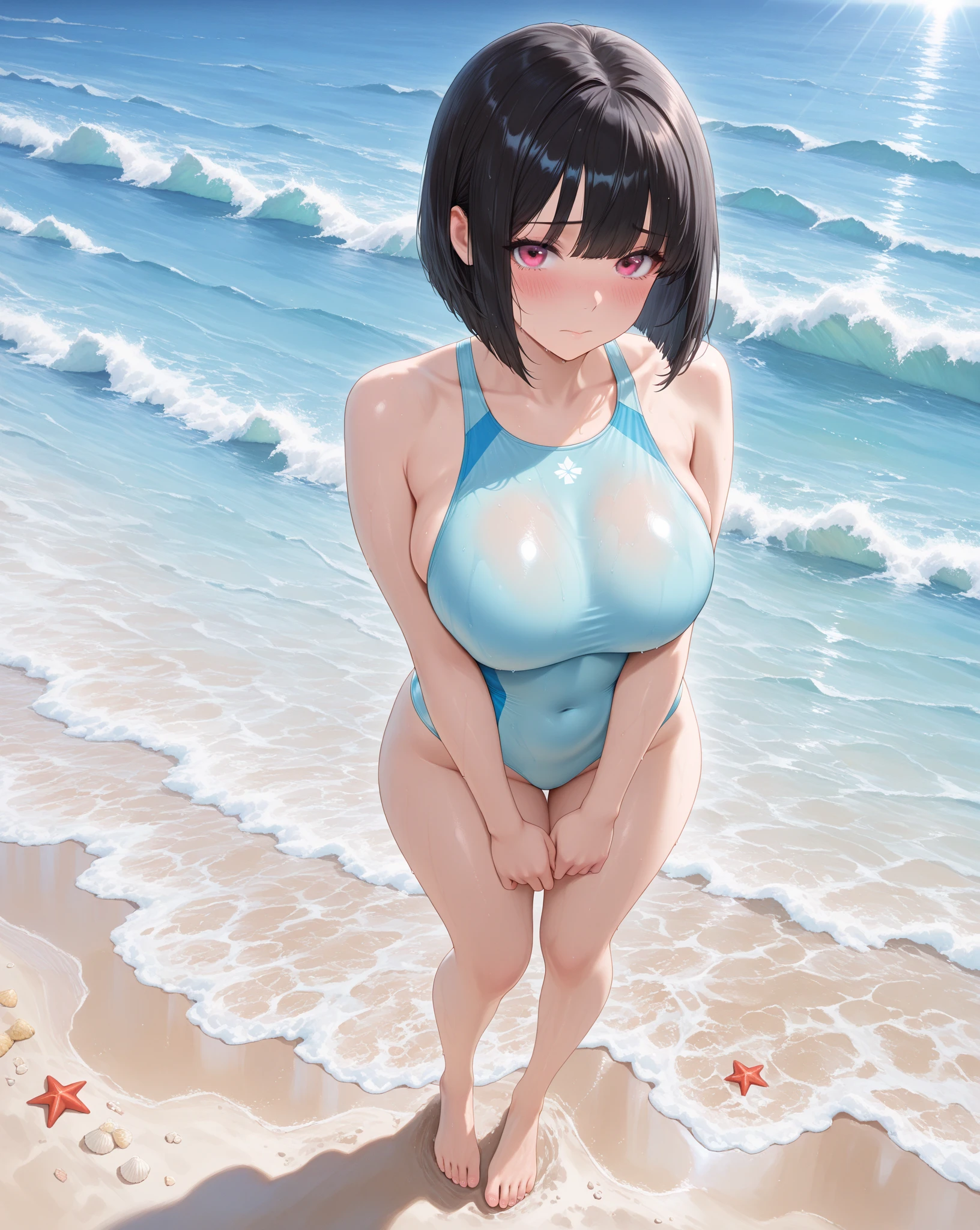 1girl, nsfw, sajouayaka, black hair, short hair, Blue eyes,, large breasts, , , empty eyes , large breasts, nipple, , Peeing, lactation, projectile lactation, modern beach house, expansive windows, open living spaces, outdoor living areas, breathtaking views of the ocean, frozen, wet, crying ,, Naked, , (1girl) ,solo