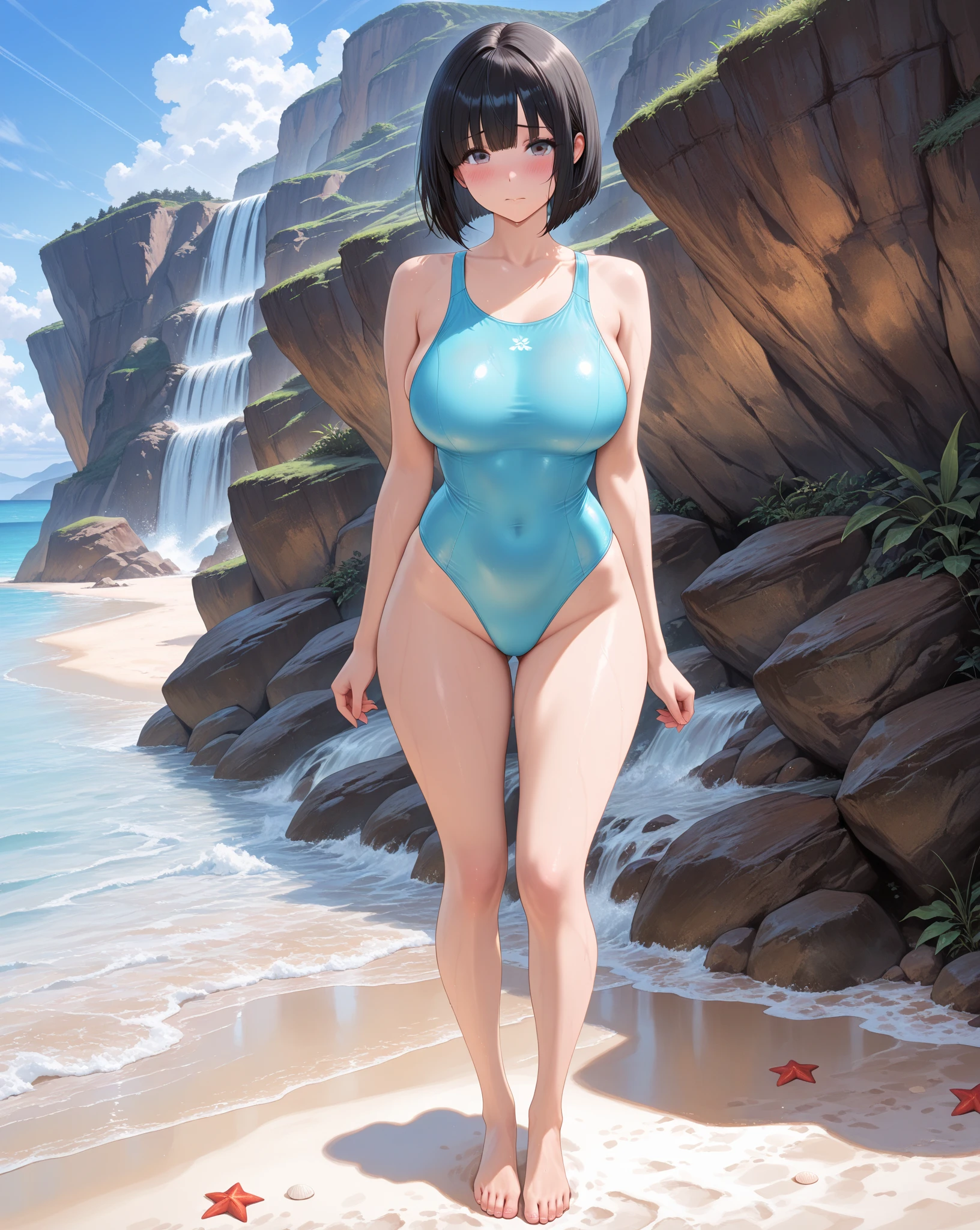 master-piece,hyper quality,hyper detailed,perfect drawing,solo, beautiful girl in a swimsuit, leaking pee(2.5),pee splash from the crotch(2.5), blush, swimming club, competitive swimsuit (one-piece type swimsuit, sober swimsuit) 10 years old, open legs (30cm), holding the crotch with both hands, water gushing from the crotch(2.5), embarrassed expression, moist eyes, swimming pool, Shot diagonally from below, thin fabric swimsuit, light from the front, forward light, sunlight, summer sky, clearface, master-piece, hyper quality, hyper detailed, perfect drawing, CG, 3D, 8k,