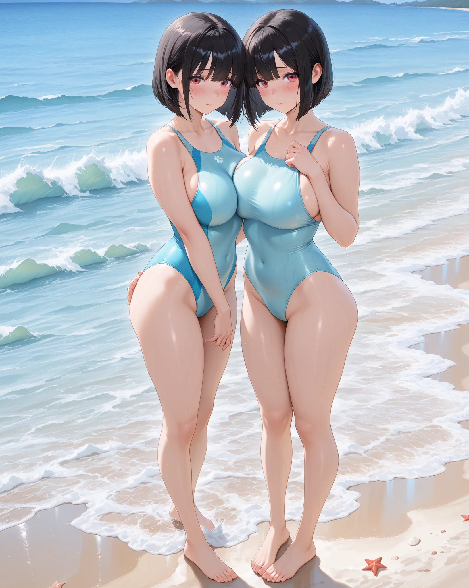 (((masterpiece,best quality,ultra detailed,high resolution))),(daytime,clear weather,front light),looking viewer,((2-girls,
beautiful girls)),teenage,(black hair,beautiful hair),(beautiful detailed face,beautiful detailed eyes),(finely detailed skin,fair skin),slender,light smile,shy,(one-piece competition swimsuits),(in the beautiful lake,beautiful sky),((cowboy shot)),(big breast,perky breast,medium hip),(cameltoe),((symmetrical docking)),arms up behind,