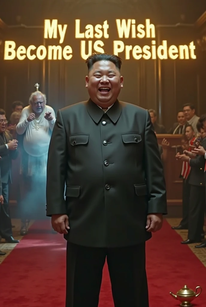 Kim-Jong-un, a man with short hair, combed back, wearing a black uniform and standing in the center of a large hall. He has his arms open and appears to be talking or giving an instruction and smiling. In the background, there is a large group of women in white bikinis, all with their hands clasped in front of their bodies, looking down or to the side. Their expressions look serious, and the room is brightly lit with fluorescent lights on the ceiling. The space is spacious and has doors at the back, suggesting an auditorium or meeting room type space.