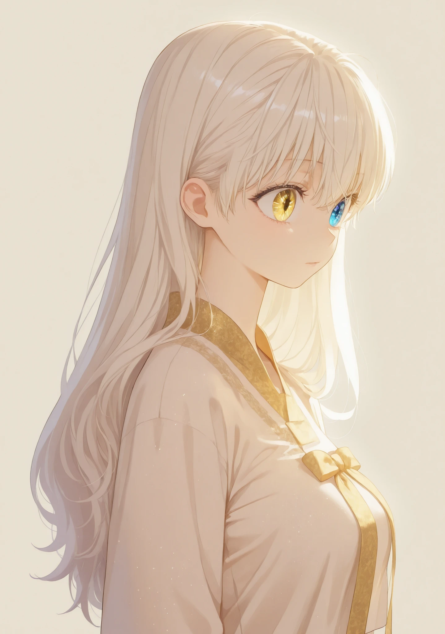 masterpiece, newest, HD Quality, safe, good anatomy, good lighting, , good resolution, beautiful, anime. long white hair. heterochromia:Sky blue right eye and Golden Yellow left eye, glitter on the eyes, dark eyelashes, piel clara, slim build, medium breasts size C. She is 18 years old, measures 1'66 cm. looking at the viewer, Alone, Simple Beige Background. Wearing traditional Hanbok.