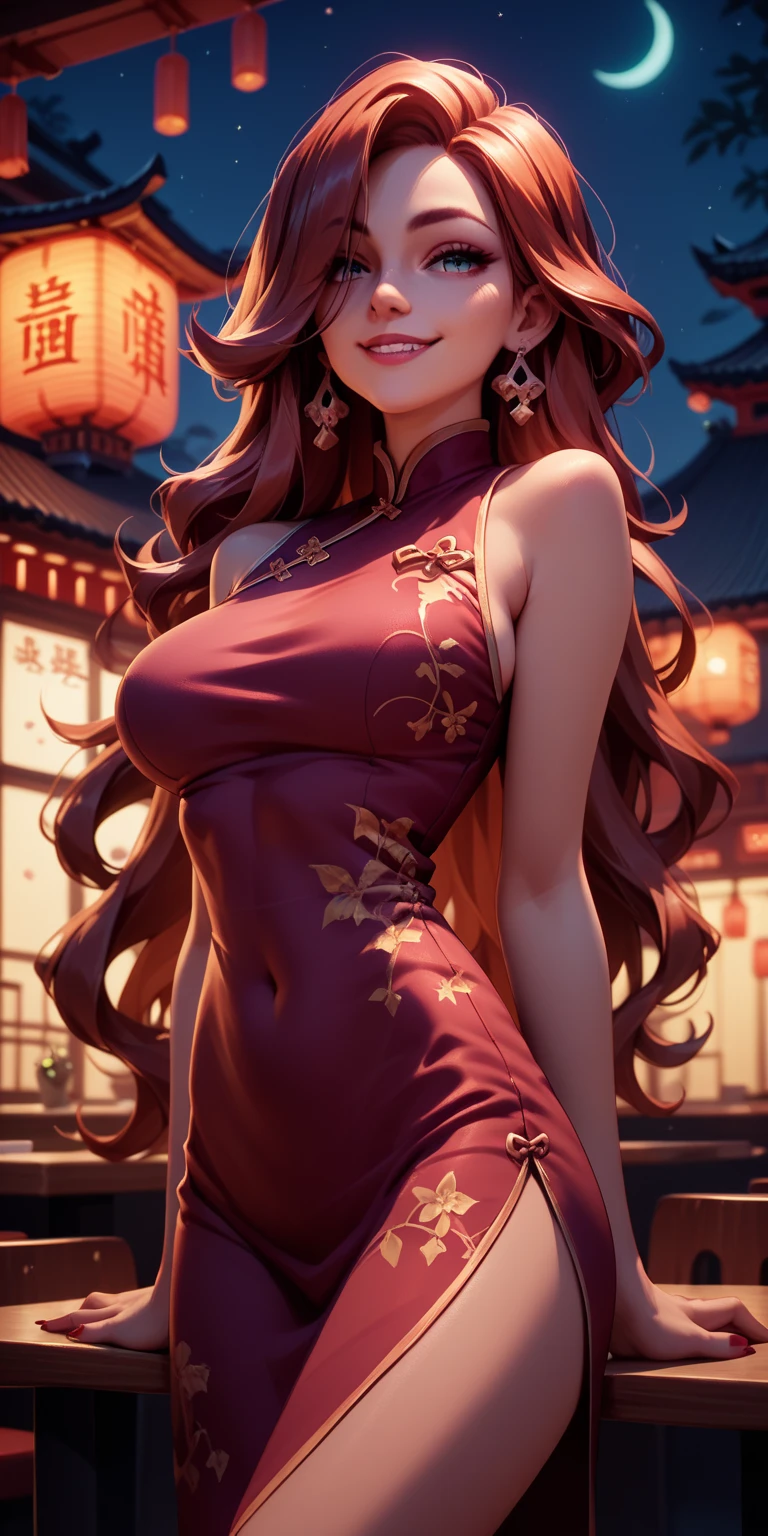 (((Best Quality))), ((Ultra-detailed)), (((masutepiece))), finely detail, hight resolution, 1girl in, Full body, extremely detailed eye, highly detailed hair chinese, 1 Girl Solo, ((chinese long red dress)) ,Long hair, slit-eyes, (Evil smile, grinning evily), Full body, Long leg, Standing, Night, skyporn, realphoto, award - winning photo, Realistic, photographrealistic