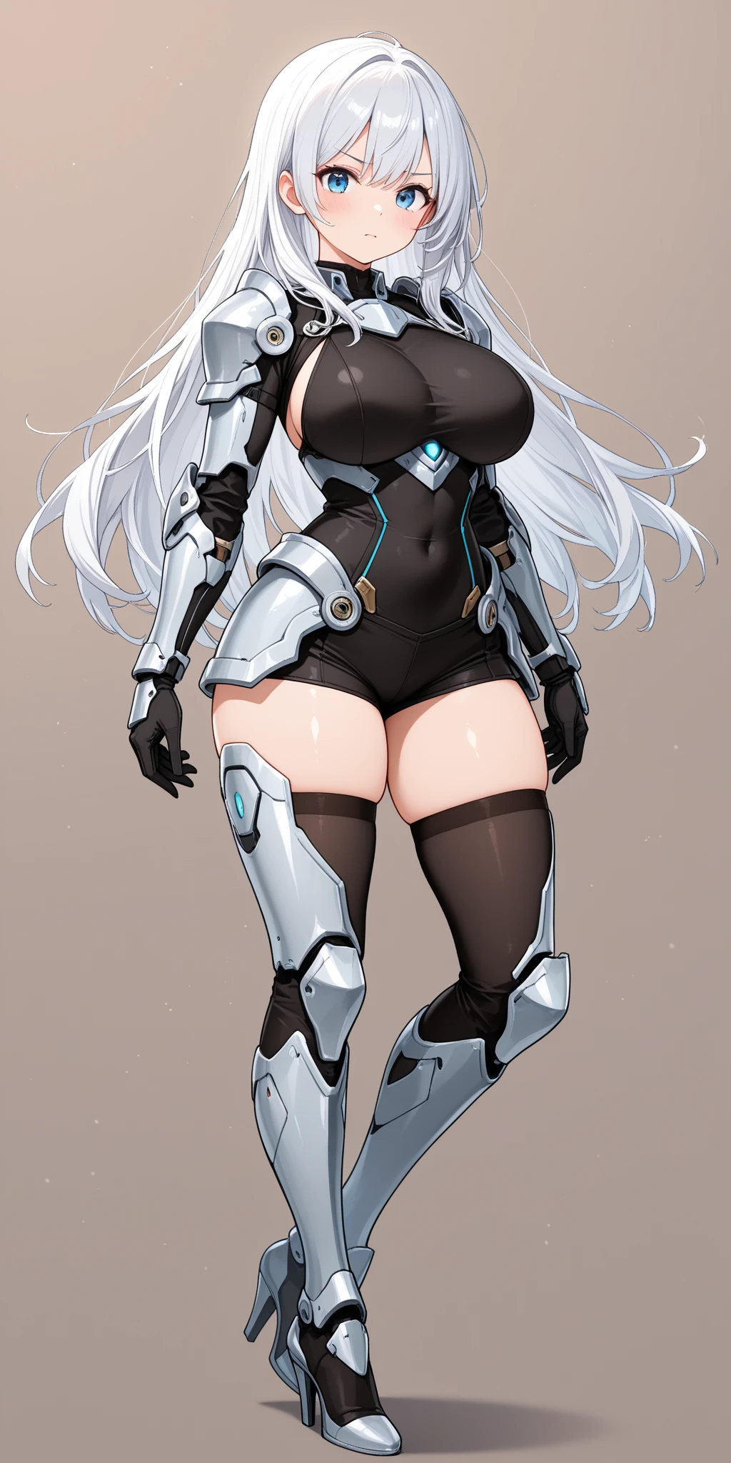 Highest image quality,high high quality,A mature woman,age 22,Huge cleavage,Nipple presentation,Metal heels,Black metal mech,Long white hair,hair covering one eye,ssmile,high ponytails