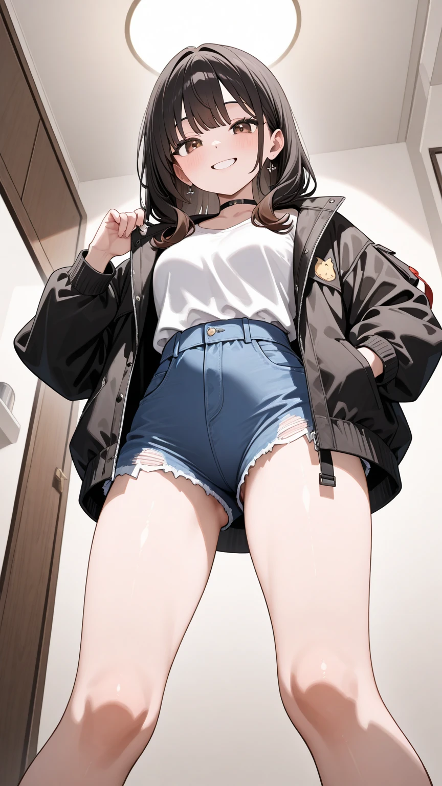 4K, masterpiece, 8k, high quality, 最high quality,10歳のcute少等生, Very white skin, Long brown hair,a bit,Low length,freckles,Thin eyebrows,Straight bangs,(Flat Chest) ,feminine, Tilt, elegant, elegant, cute, smile, cute, Hilarious, belly button, Denim Low Rise Mini Skirt, ((Black knee socks)), (Ugly clothes)、((Gray background))