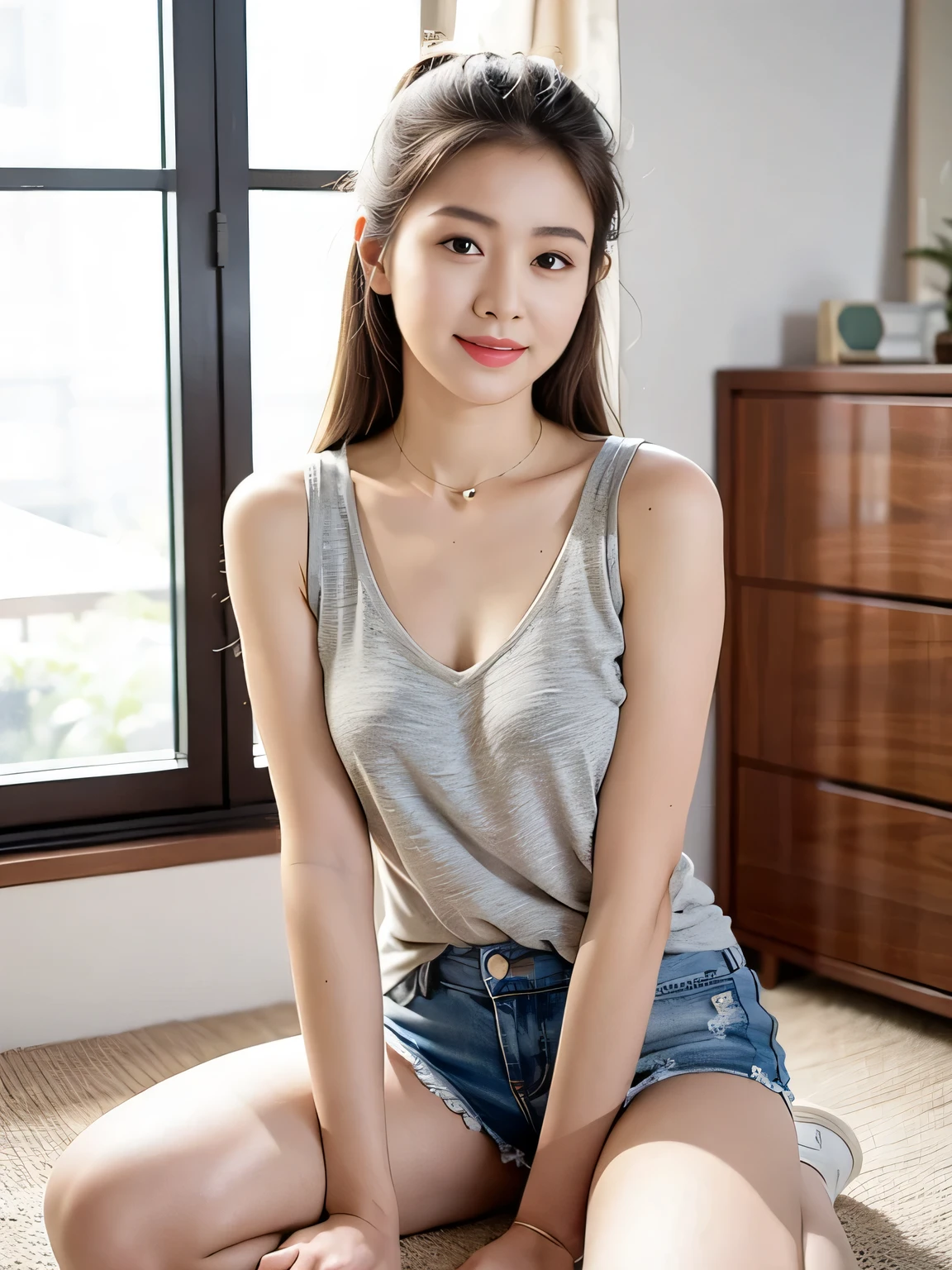 ((Top quality、8K、Master School:1.3、In the company、OL、Office casual setting、 (1 cute korean stars,Large breast bulge) ,Long hair，, 32 inches chest size, Grey Camisole Vest, shorts,White shoes , Nikon, Ultra HD 1 Girl、slender beauty:1.3、Super detail face、Exquisite eyes、Double eyelids、smiling facial expression、(sexy pose)，whole body、brown hair、necklace，Tanned skin、Bangs to eyebrows、Beautiful brown hair、Beautiful and delicate eyes、Brown eyes、Raise an eyebrow、Bangs to eyebrows、Beautiful brown hair、Beautiful and delicate eyes、Brown eyes、Raise an eyebrow、High Nose、Small nostril、Little mouth、Tempting lips、Mouth slightly open、Beautiful breasts、Full body、Oval face,Phoenix Eyes，Eyebrow， Double eyelids,  Long eyelashes, A faint smile,20 years old、beaver、shortcut、piece、 look、stare、Houseplant、verdant、look到whole body、window