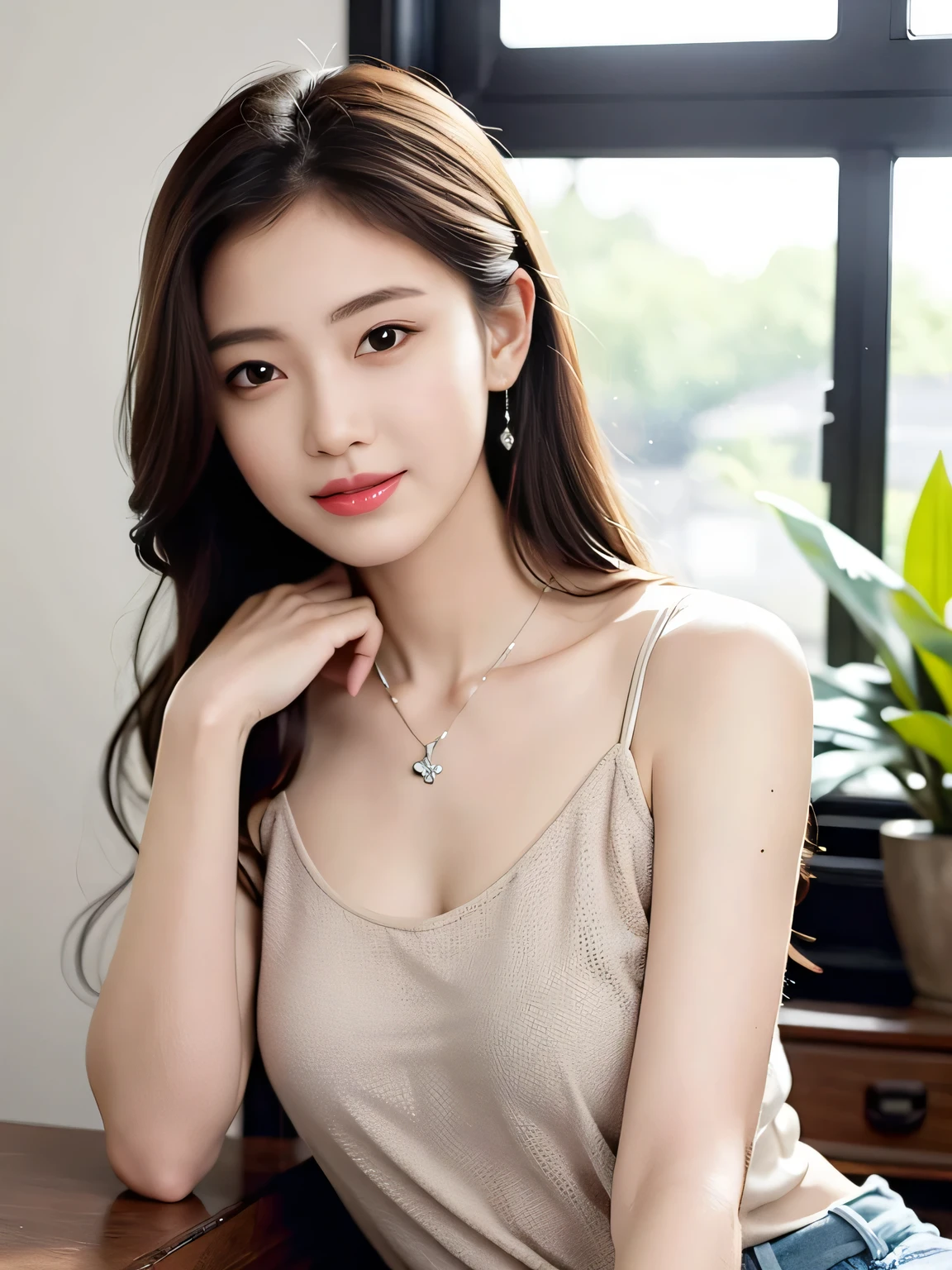 ((Top quality、8k、Master School:1.3、In the company、OL、Office casual setting、 Long hair,, 32 inches chest size, Grey Camisole Vest, shorts,White shoes , Nikon, Ultra HD 1 Girl、slender beauty:1.3、Oval face,Phoenix Eyes,Eyebrow, Double eyelids, Long eyelashes, A faint smile, ,Super detail face、Exquisite eyes、Double eyelids、smiling facial expression、(sexy pose),whole body、brown hair、necklace,Tanned skin、20 years old、beaver、shortcut、piece、 look、stare、Houseplant、verdant、look到whole body、window, RHA30, (Random body orientation),