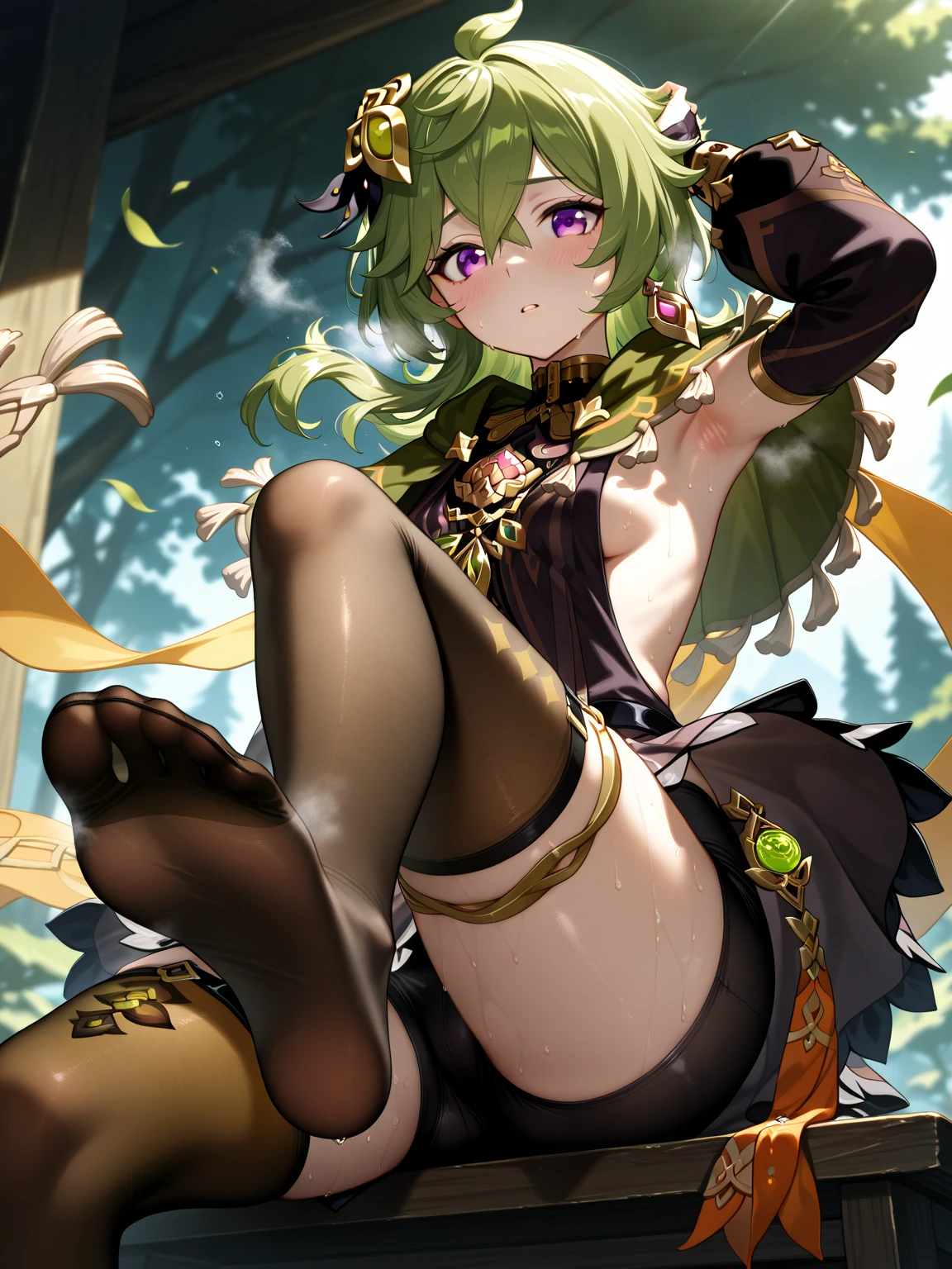 high detail, symmetrical, masterpiece, best quality, detailed eyes, mobius (honkai impact), honkai (series), honkai impact 3rd, 1girl, asymmetrical gloves, bangs, black footwear, black gloves, boots, breasts, claws, cleavage, crown, earrings, elbow gloves, fishnet thighhighs, fishnets, gloves, green hair, hair between eyes, index finger raised, jewelry, long hair, looking at viewer, small breasts, single earring, sleeveless, solo, thigh boots, thighhighs, uneven gloves, same eye colour
