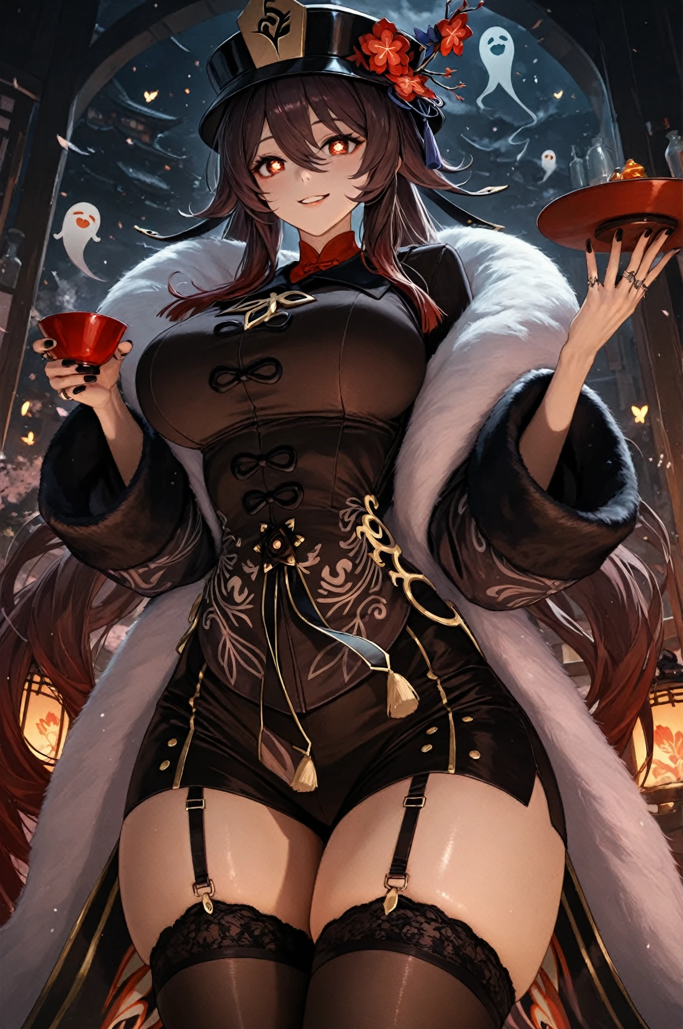 (masterpiece, sidelighting, finely detailed beautiful eyes: 1.2), (ultra-detailed, high-resolution: 1.2), beautiful girl, 

view and pectoral_focus, RebeccaPurple gradient one_side_up style and DarkSalmon polka_dot eye of female_cousin wearing character_mask and dot mixture of DarkRed and LightGreen of harem_outfit  or wearing DarkOrange of chaps, plaid of fur-trimmed coat and forehead_protector or wearing sheep ears and single_earring , on_side, kneeing or leaningback, thinking, pouring,
