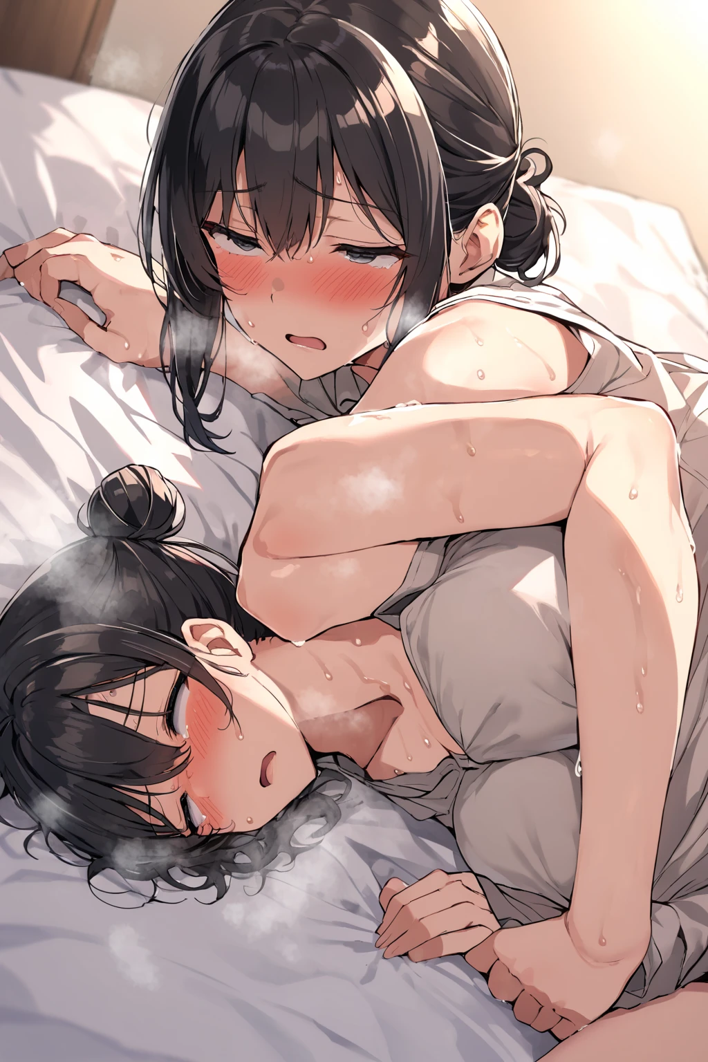 Lesbian、Browsing Caution, Two Girls,（Young face）、Plump、Big Breasts、 Nipples, Black Hair, short hair, Medium chest, Shaking breasts,throw,shout,, trembling, White shirt, (mini skirt:1.1), blush,Sweat,fog,tears,On the bed ,Underbust, Breastfeeding, projectile Breastfeeding, Sweatびっしょり、Obscene expression、Perversion、Lewd gaze、Grin、Heavy breathing、Ahegao、trembling、Pant voice