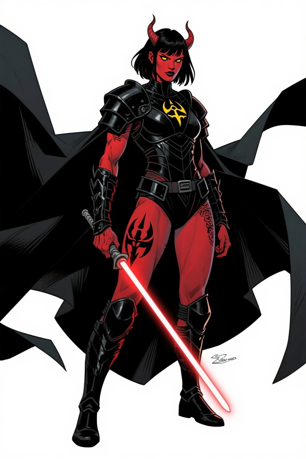 Brutal Red Skin Twi'lek with huge breasts wearing futuristic ((sleek (black) tunic)), robes, cowl, cape, huge breasts, slim hips, small waist, full-body shot