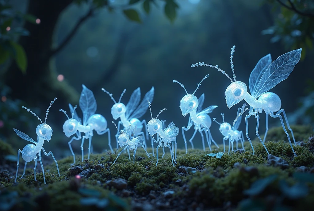 Formiga fantasma A collection of ghost ants. The scene should depict an ethereal and mysterious environment, such as a shadowy forest or an abandoned anthill illuminated by a soft, ghostly light. The ghost ants, translucent and subtly glowing, should vary in size and pose, some carrying small, mystical objects, such as shiny leaves or tiny crystals. The artistic style should be realistic with touches of fantasy, using a cool color palette (shades of blue, purple, and spectral green) with luminous white accents to emphasize the supernatural aspect. The background should include elements such as delicate spiderwebs, light mist, and glowing moss to reinforce the sense of a magical, haunted world. The composition should convey the idea of an organized collection, as if the ants were part of an enchanted catalog, focusing on the intricate details of their translucent forms and almost anthropomorphic expressions.