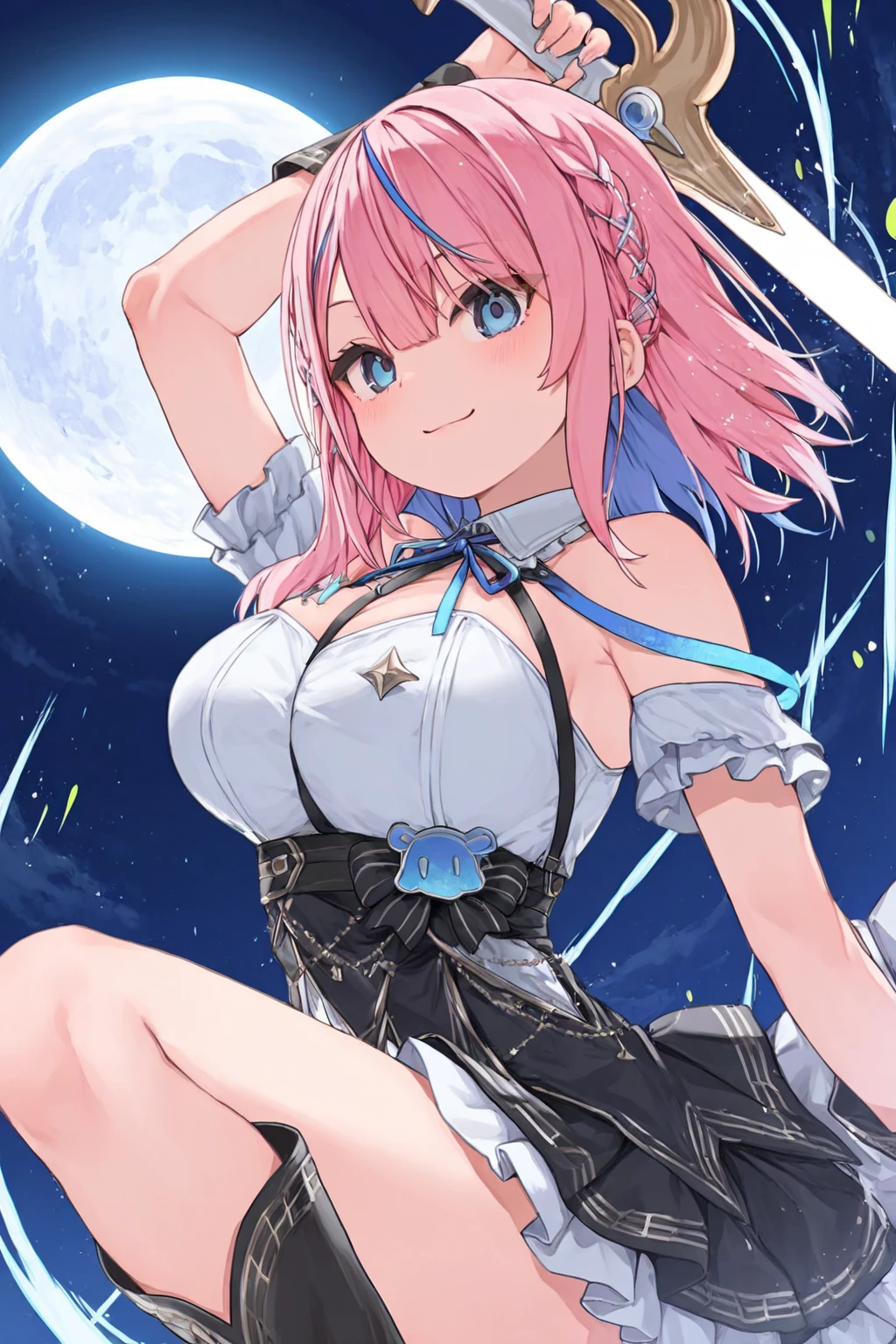 1 girl、Is it March?、????、blush、Satisfied smile、big breasts、lots of gas、starry sky、pink hair、white inner、Blue miniskirt、red and blue eyes、Gas comes out of the butt、Hip Attack、stick out your butt、emphasize the buttocks、short hair、bent forward posture