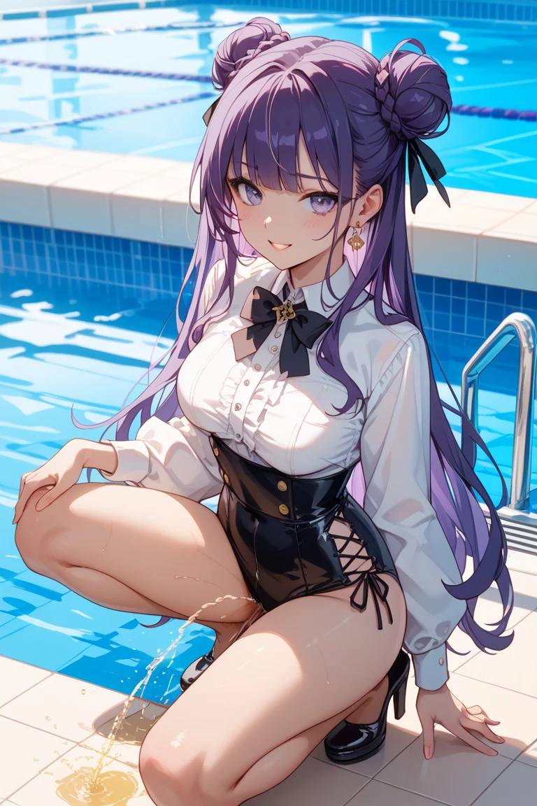 [kafka; Honkai Star rail], High quality, 4k, she is sitting on pool edge, barefoot, feet visible, peace sign, closing left eye, smiling, swimsuit.