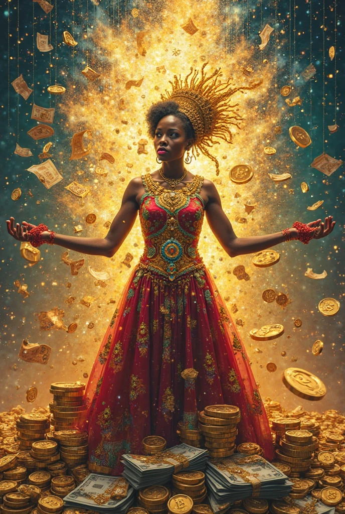 an Indian woman and children around and numbers goddess woman with many children antique clock with roman numerals golden gold crystals and cauldron 