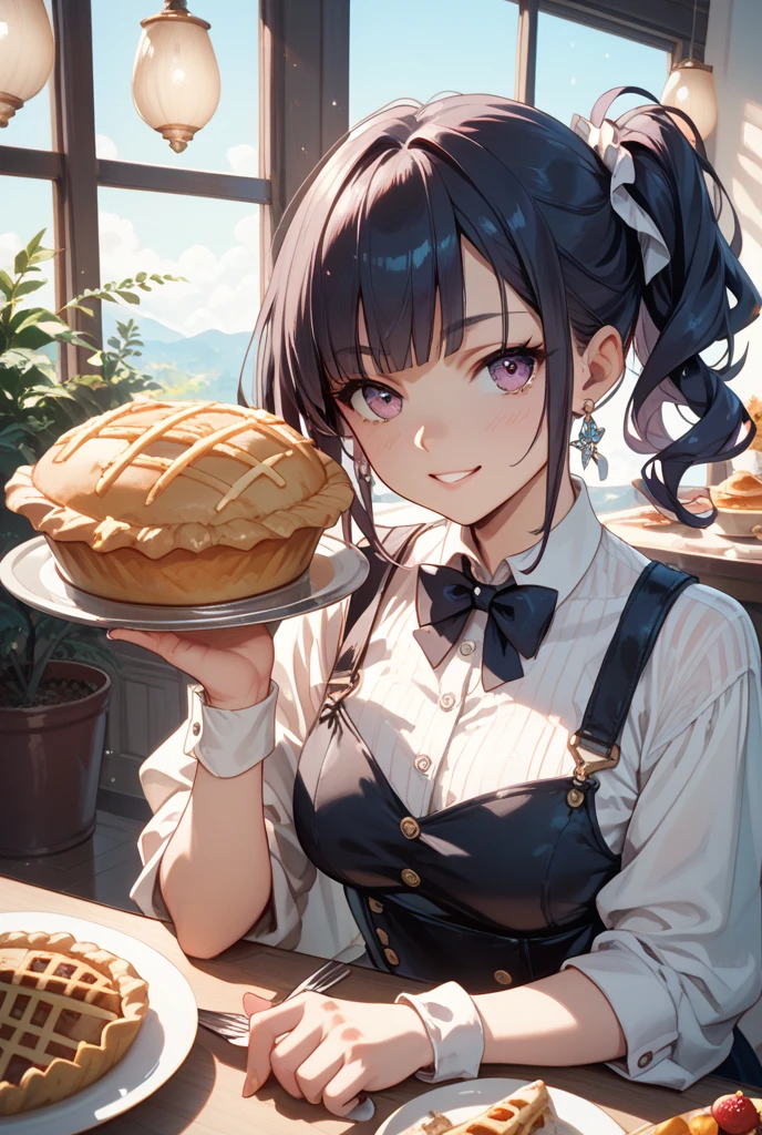 (small breasts:1.3), (perky chest:1.1), (pointed chest:1.0), (Pudding cake magazine cover:1.3)，(from above:1.0),(from side:0.9),masterpiece, 1girl, Amazing Cleavage:1.1, thin waist, big ass, Raised sexy, small breast: 1.3, posed cleavage:1.2、solo, looking at viewer, open mouth, have a cute grass of cute beergrass,black hair, dark green eyes, dress, bare shoulders, jewelry, collarbone, sidelocks, hairband, earrings, indoors, off shoulder, :o, sweater, arms behind back, plant, short hair with long locks, gild hairband, off-shoulder dress, sweater dress, off-shoulder sweater, red sweater, dark gord hair, big side hair, very long side hair,is rendered in (masterpiece: 1.2, best quality), with (ultra high resolution) and an exquisite (depth of field). This masterpiece is not only visually stunning but also tells,A scene of cooking in the kitchen by classroom 