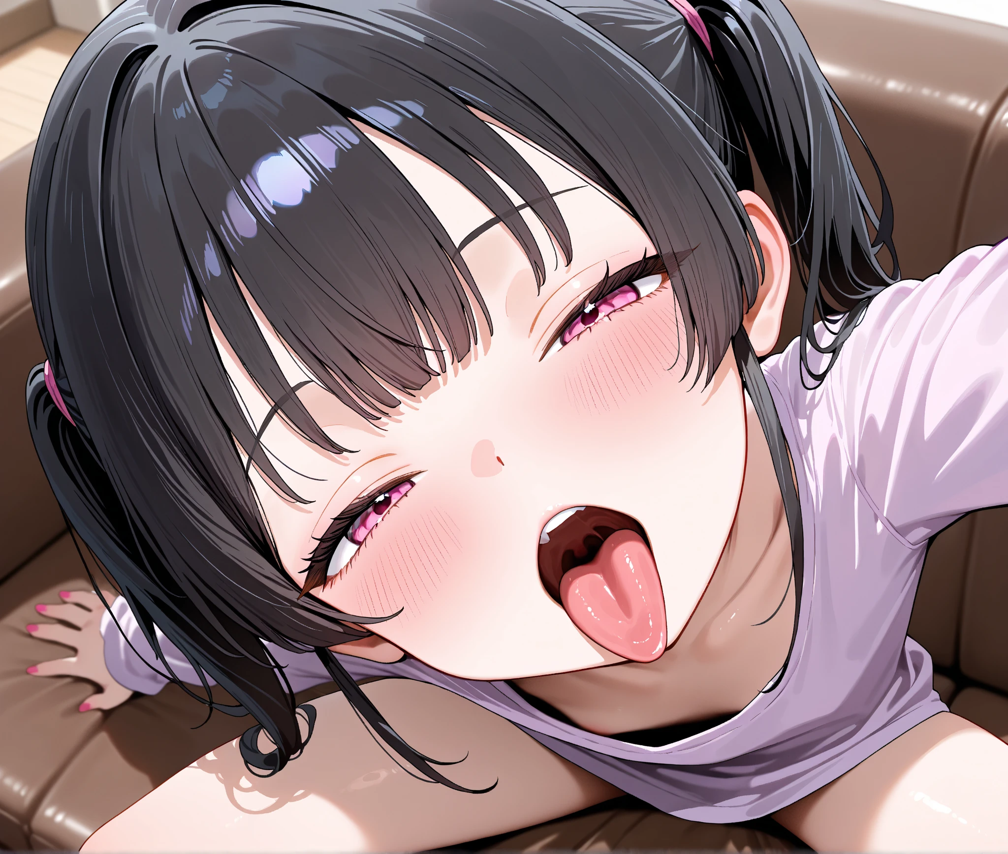 woman sucking penis hardly,hyperrealistic anime,mature woman,blowjob,shaking effect,black hair,saliva,white sweater,pink long flare-skirt,big breasts,at bedroom,woman,look at viewer,(aroused),wet eyes,bukkake
