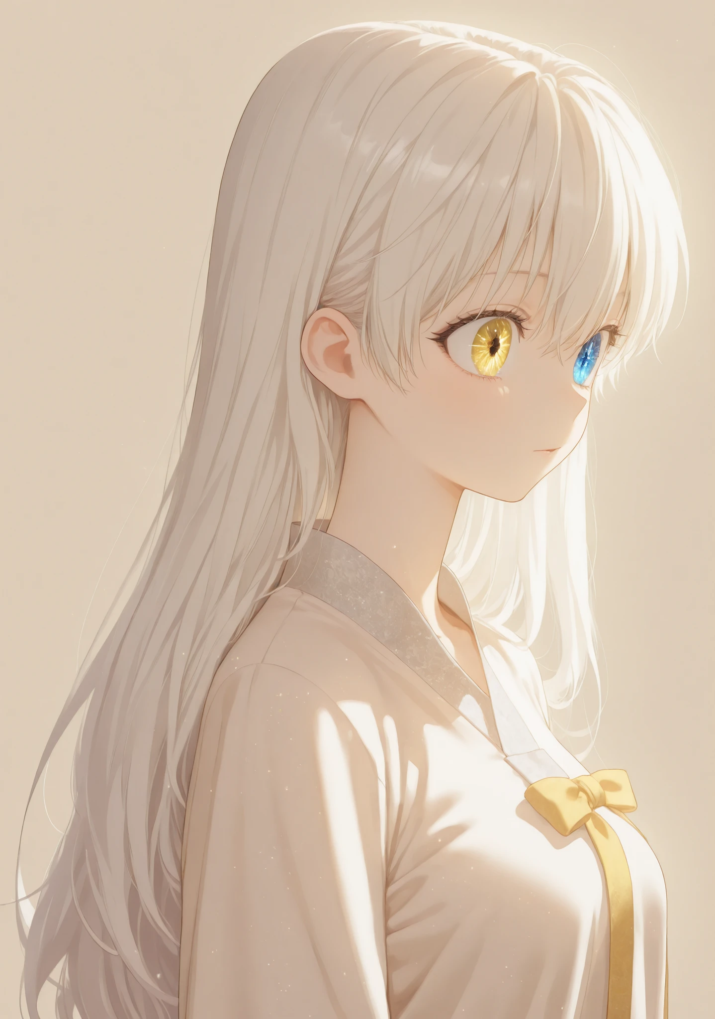 masterpiece, newest, HD Quality, safe, good anatomy, good lighting, , good resolution, beautiful, anime. long white hair. heterochromia:Sky blue right eye and Golden Yellow left eye, glitter on the eyes, dark eyelashes, piel clara, slim build, medium breasts size C. She is 18 years old, measures 1'66 cm. looking at the viewer, Alone, Simple Beige Background. Wearing traditional Hanbok.