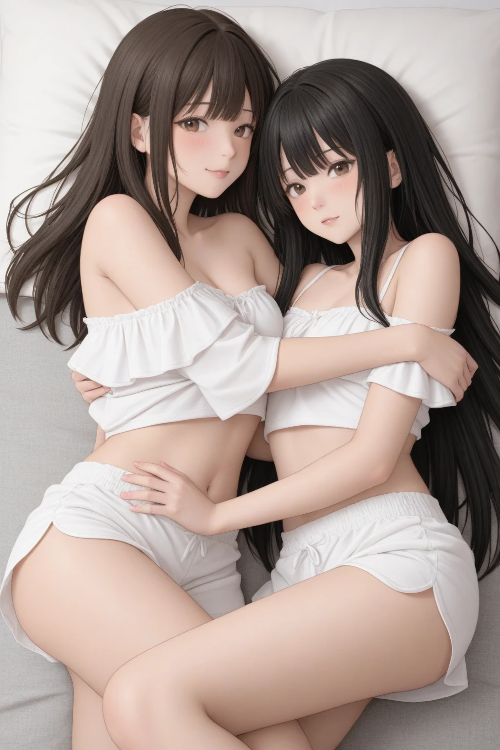 hig quality、Best Rendering、8K、A beautiful, A masterpie, beste Quality, extremely detailed face, Perfect lighting, 2girls,Get between the open legs、Touching each other's crotches、Offensive and receiving、Deep kiss、Perfect Body、tiny breast、on top of bed、Sleeping on your back、Almost naked、ecstasy、Sweating all over the body、Wet crotch、Butt turned to the front、Spread Leg、Spread your legs、Torn thin white lingerie、pastels、central、Scale to dimensions、camel's toes、