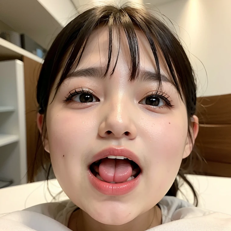 (8K, RAW photo, highest quality, masterpiece: 1.2), Super detailed, super resolution, (genuine, genuine photos: 1.37), portrait, High-definition RAW color photo, professional photos, 非常に詳細で美new, very detailed, 8k wallpaper, amazing details, huge file size, official art, very detailed CG Unity 8k wallpaper, very detailed beautiful girls, very detailed facesHighly detailed eyes, Very fine skin, very thin fingers, very small nose, very detailed detailed mouth, perfect anatomy, detailed background, Fine clothes, one girl, 20th generation, cute girl, genuineistic body, white skin, glowing skin, handsome body, black hair, cute, like々new, cute face, genuineistic face, delicate eyes, That kind of thing's eye Horiwa's old camera gaze, ((facing the front:1.331)). put your hands behind your head, hair pulling pose, very detailed white skin), (Chubby),、troubled face, excited face, ((japanese school uniform)), unbearable face, leaky face、((Open your mouth wide and extend your tongue:1.3))、(((Straight in front:1.42)))、See here:1.3.smile、((White pillow under the head:1.4))、((knit it:1.48))、((bangs:1.46))